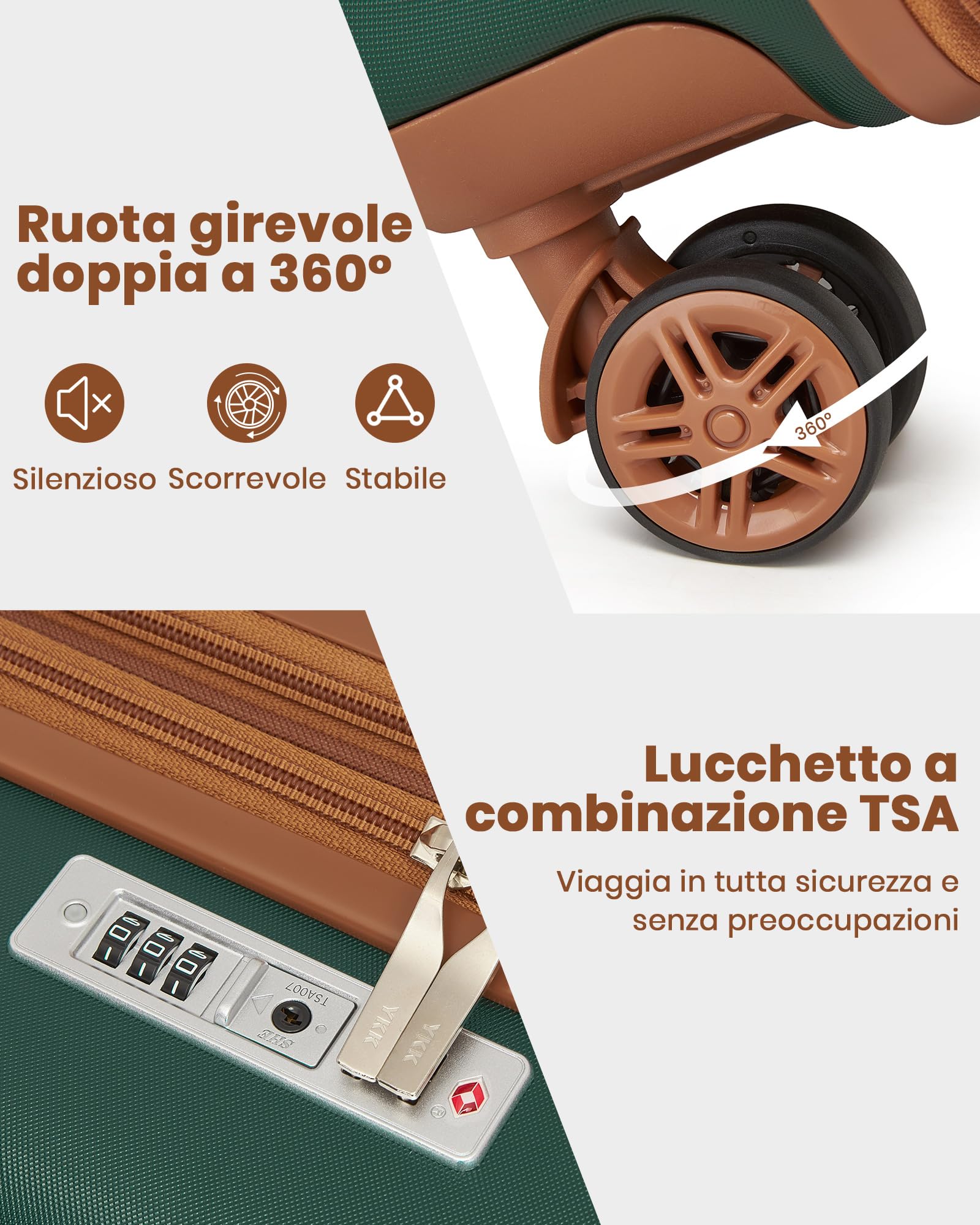 KONO Set da Viaggio 3 Pezzi, Trolley 55 cm e 2 Borse, Verde/Marrone | Valigia Bagaglio a Mano in ABS+PC, Borsa da Viaggio da 32 L, Borsa Organizer, Ruote a 360° e TSA