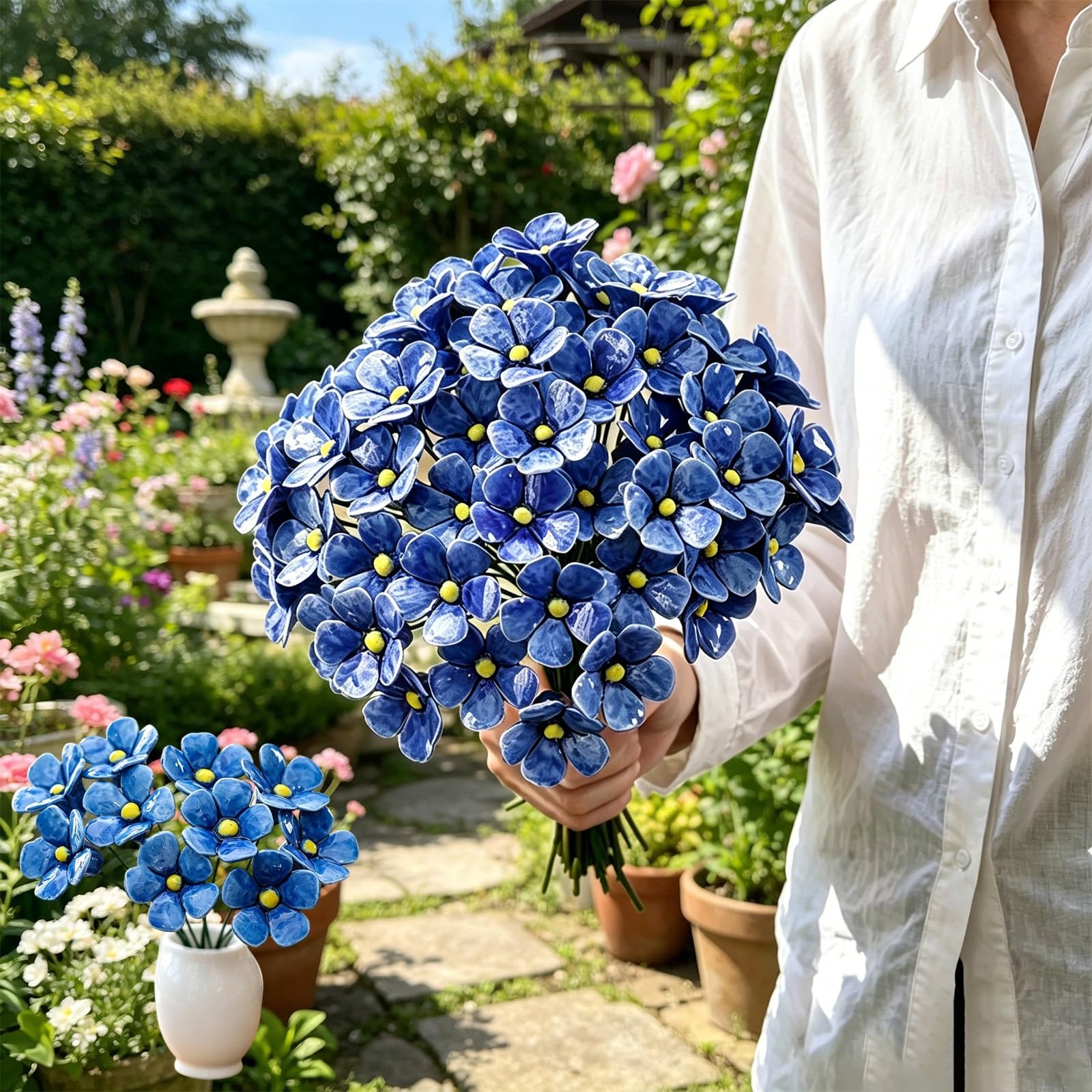 Lifelike Blue Glazed Everlasting Ceramic Floral Decoration, Ceramic Flower Stems Set, Handmade Bee Blossoms Ceramics Flowers Bouquet, Never Wilts, Always Elegant, for Garten, Shelve, Table(A,20pc)