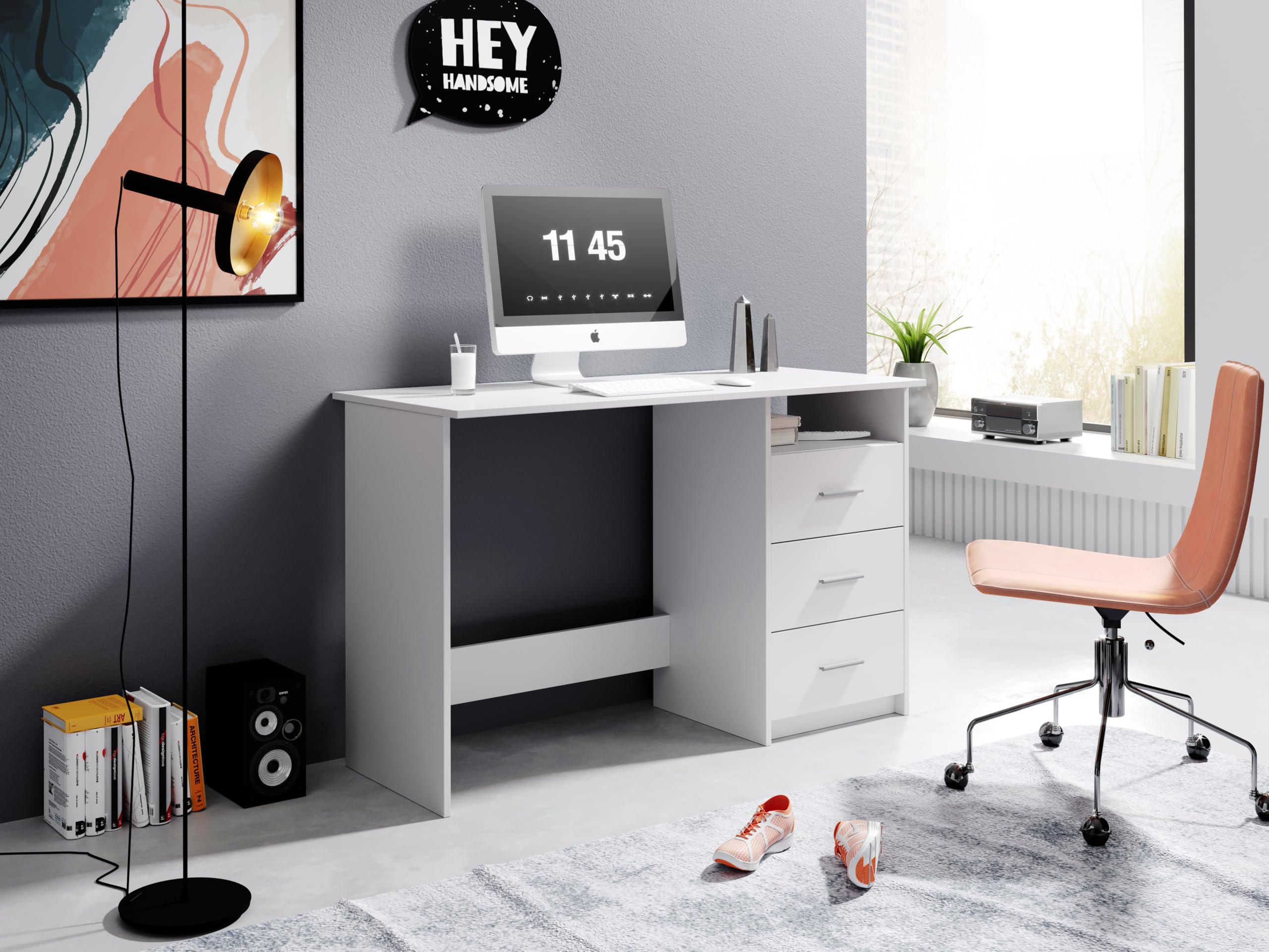 Scrivania con Cassetti 120 cm Bianca 123x50x77 cm | 3 cassetti integrati, ampio piano di lavoro, design moderno, per ufficio, studio e cameretta