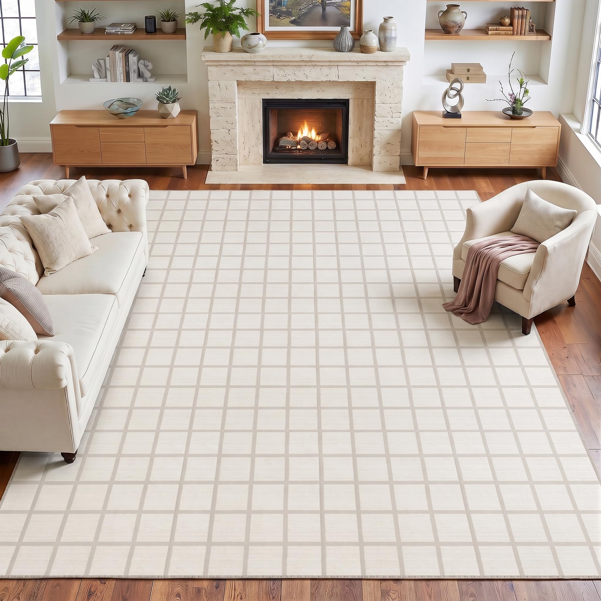 Living Room Rug 160 x 230 cm Beige - Washable Grid Pattern Rugs | Non-slip short pile rug, children and pet friendly for dining room, bedroom and office, Oeko-Tex certified