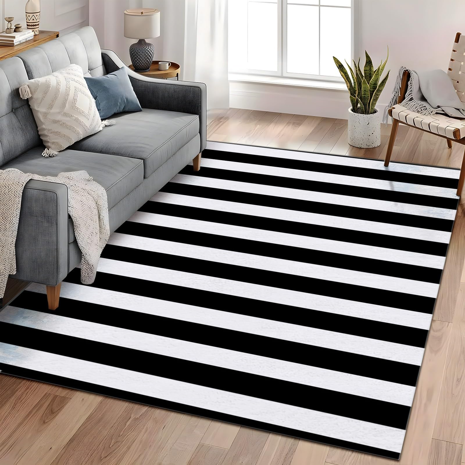 Czarno-biały dywan w paski 160 x 230 cm, można prać w pralce, przyjazny dla zwierząt domowych i dzieci, idealny do salonu, kuchni, sypialni, jadalni, dywan z krótkim włosiem