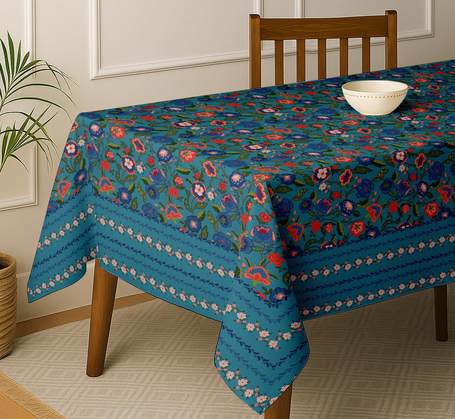 Leaves Design Tablecloth- Blue 60x60 Inch Cotton Twill Dining Table Cover, Perfect for 4 Seater Tables, Durable, Protective & Washable, Ideal for Everyday Use, Festive Occasions & Gatherings
