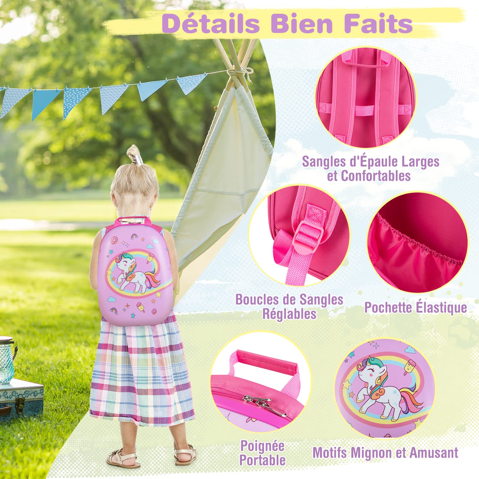 COSTWAY Valise Enfants à roulettes 16’’ & Sac à Dos 12’’ avec Poignée Télescopique, Bagage Enfants avec Motif Voiture d'avion, 4 Roues Rotatives, Lot de 2 Valise pour Fille Garçon(Licorne)