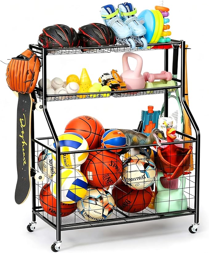 Kinghouse Sport Equipment Organizer for Garage, Steel Basketball Rack with Baseball Bat Holder and Hooks, Easy Assembly Storage for Balls, Kids' Toys, and Workout Gear in Basement, Home Gym, Outdoor