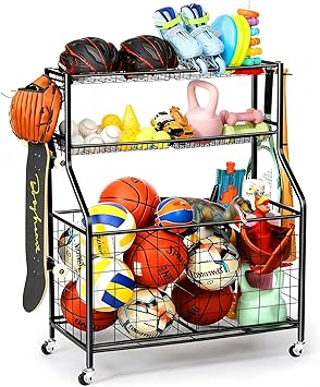 Kinghouse Sport Equipment Organizer for Garage, Steel Basketball Rack with Baseball Bat Holder and Hooks, Easy Assembly Storage for Balls, Kids' Toys, and Workout Gear in Basement, Home Gym, Outdoor