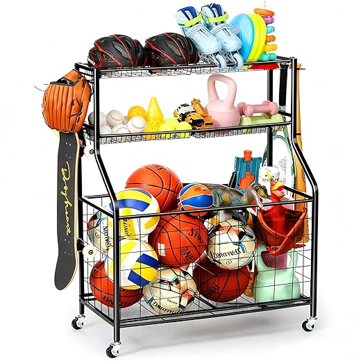 Kinghouse Garage Sports Equipment Organizer, Ball Storage Rack, Ball Storage Garage, Garage Organizer, Rolling Sports Ball Storage Cart, Black, Steel