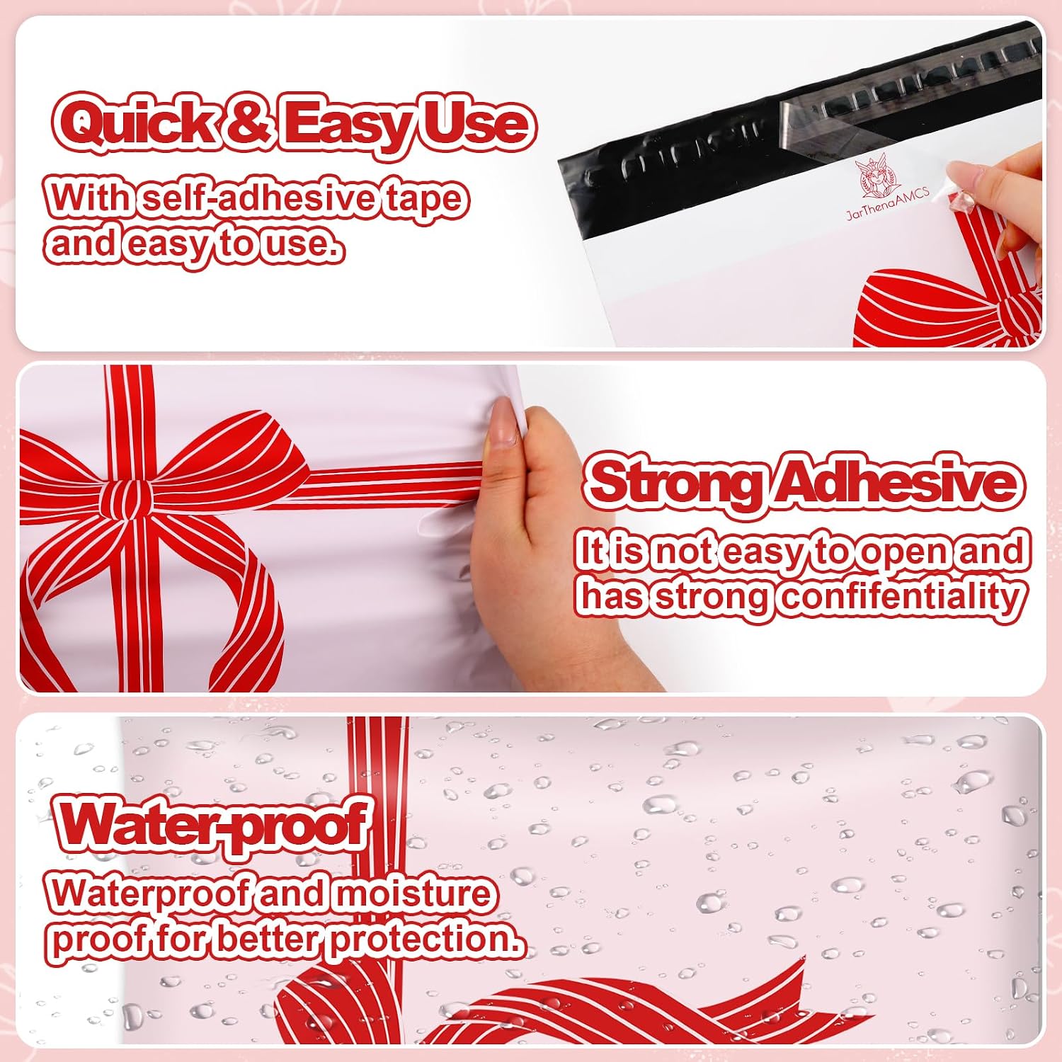 JarThenaAMCS 100Pcs Christmas Bow Poly Mailers 10 x 13 Inch Pink Red Bowknot Packaging Bags Self Seal Mailing Envelope Bags for Small Business Clothing
