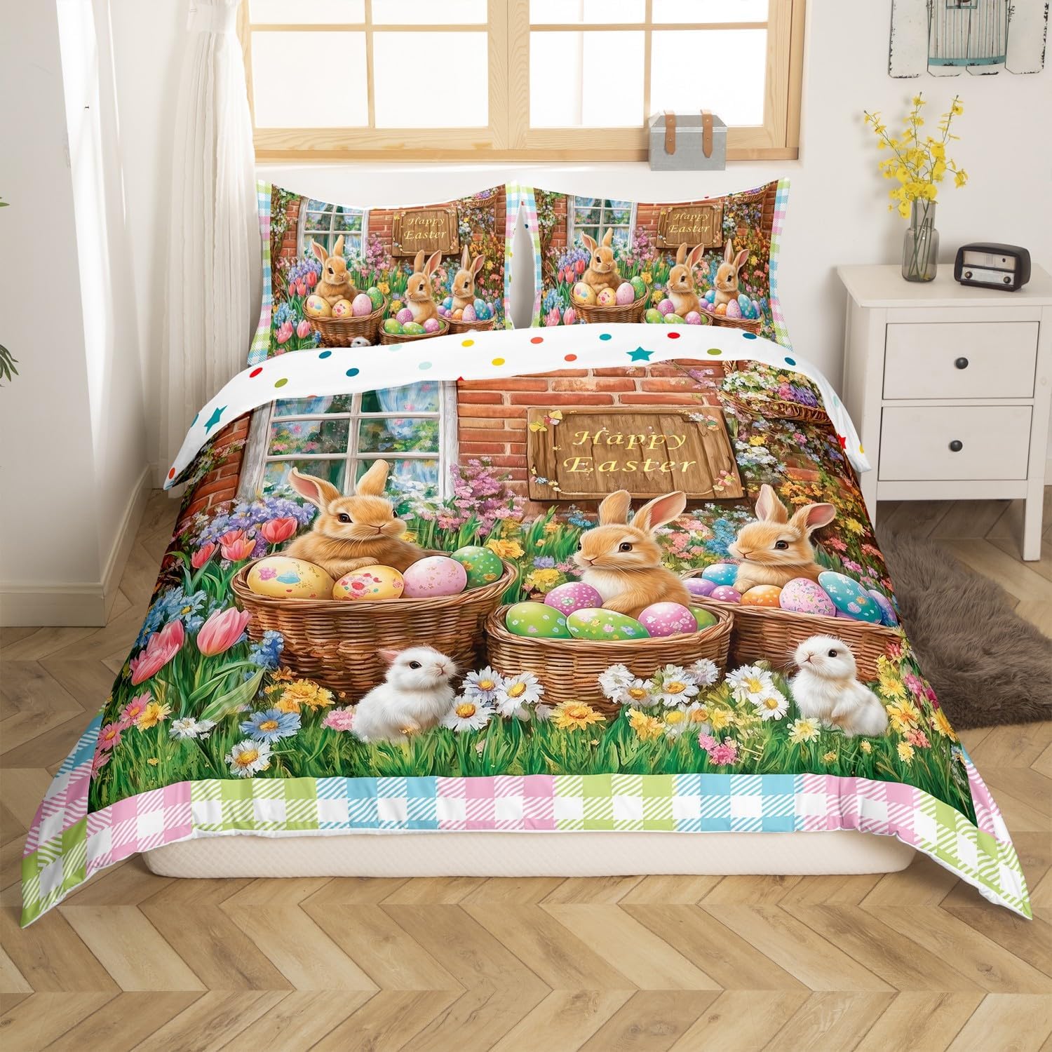 Rustic Easter Duvet Cover Queen Size,Lovely Rabbit Colorful Floral Eggs Polyetser Reversible Bedding Set (Not Comforter),Kawaii Holiday Checkered Grid Comforter Cover for Bedroom, Zipper, Ties