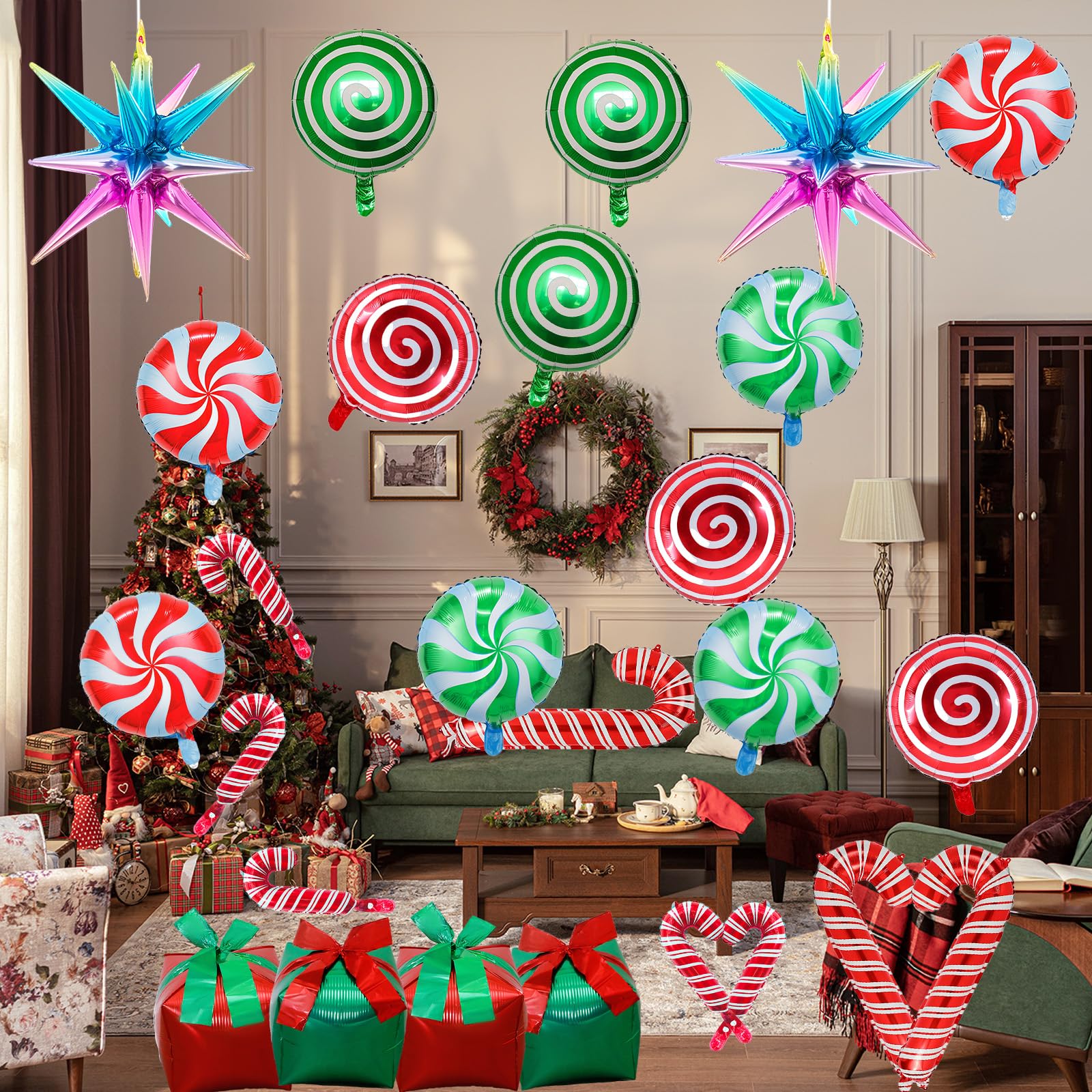 Weihnachtsdeko Helium Ballons, 25 Stk Weihnachten Deko Luftballons Set Süßigkeiten Zuckerstangen Geschenkbox Explosion Stern Folienballons, Rot Grün Weihnachts Ballons für Christmas Party Dekoration