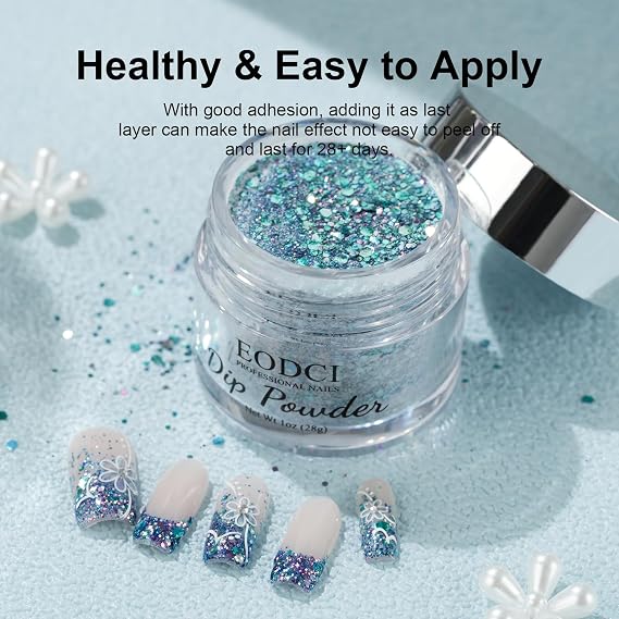 EODCI Glitter Chameleon Dark Blue Dip Powder, 1 Oz/28g Nail Dipping Powder for DIY Manicure Salon at Home, Easy to Use, No Nail Lamp Needed, Long Lasting, Up to 5 Weeks