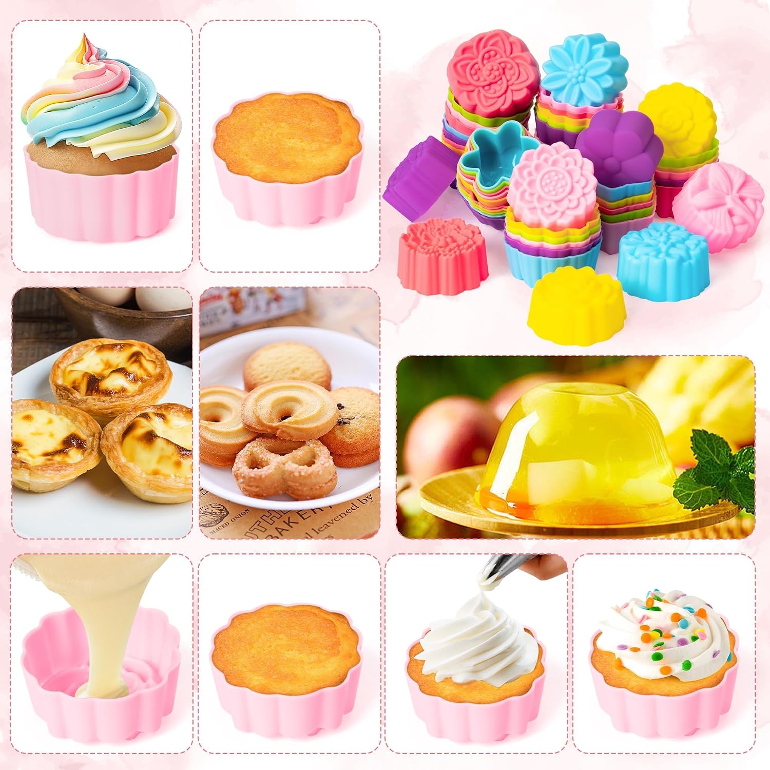 R HORSE Silicone Cupcake Liners Molds - 60Pcs 2 Inch Mini Size Colorful Floral Shaped Baking Cups, Non-Stick Cupcake Wrappers Holders Reusable Muffin Cups Liners for Pan Oven Microwave Dishwasher