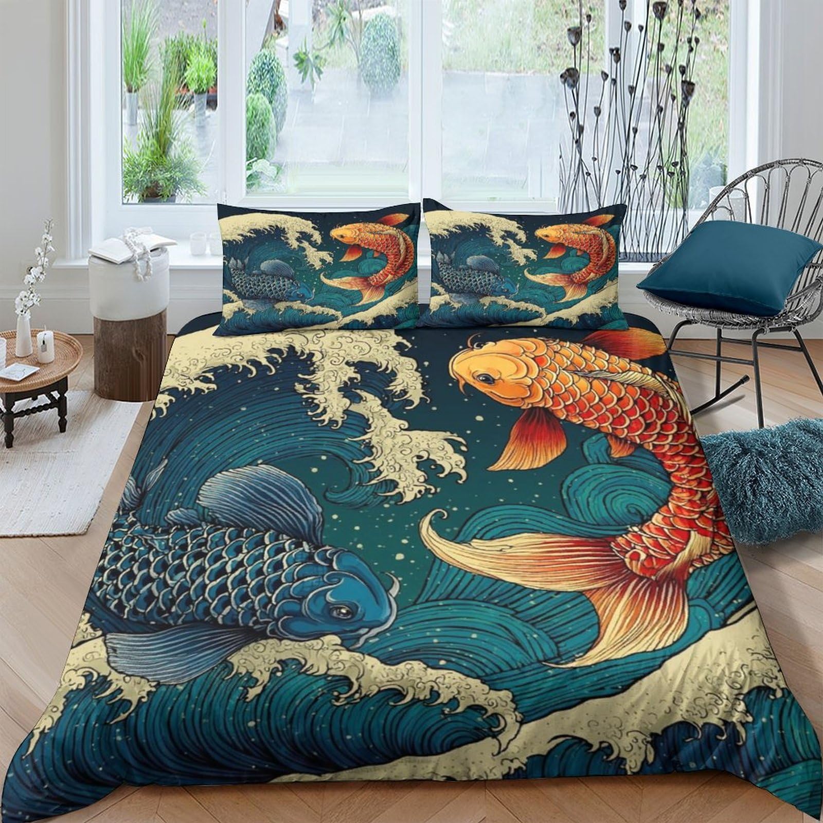 Ctjqhvkz Style-3 3D Printed Koi Fish Fitted Sheet Microfiber Soft Breathable Japanese Wave Mattress Cover For Bedroom Guest Room Decor Single（135X200cm）