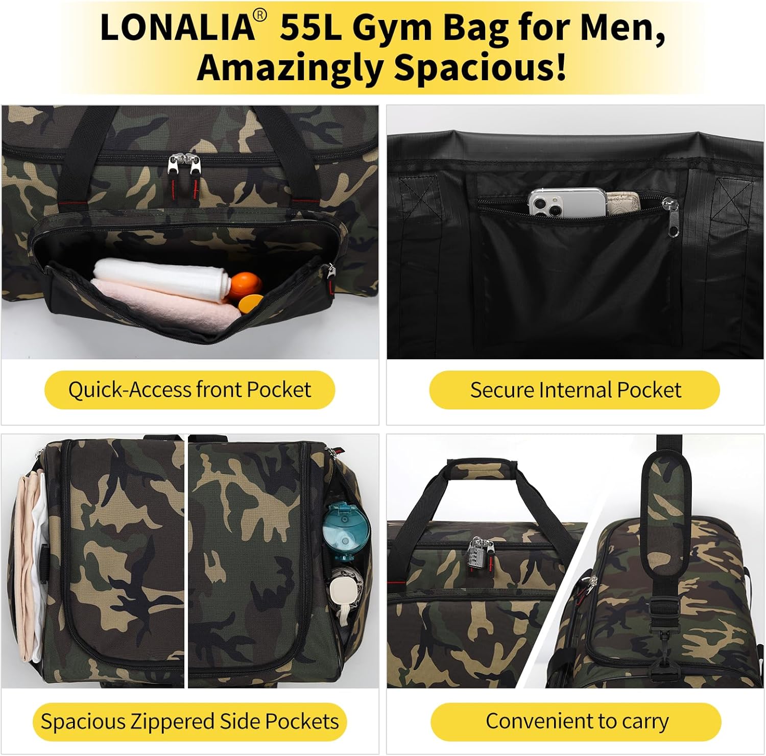 55L Large Sports Duffle Bag for Men - 22 inch Men's Gym Bag Heavy Duty Duffel Bag (Camo) - Image 2