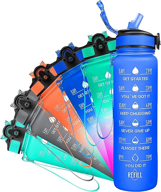 Mojohydra Motivational Water Bottle with Straw - Time Marked Drinking Bottle for Adults, Sports, Gym, Running with Leakproof Lid & Carry Strap, No BPA Tritan Plastic - 1 Litre, Blue
