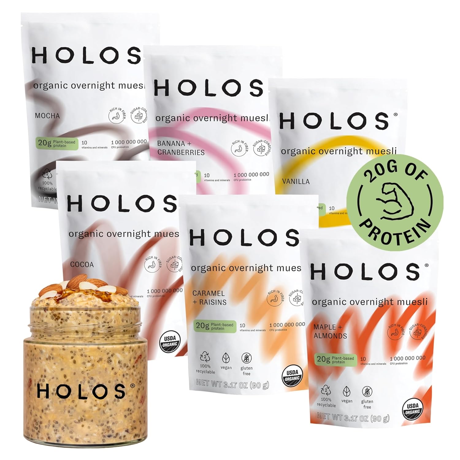 HOLOS Avena Proteína Overnight Oats - 12 Pack Variedad Sabores con Frasco - 20g Proteínas Vegetales, Orgánico Sin Gluten