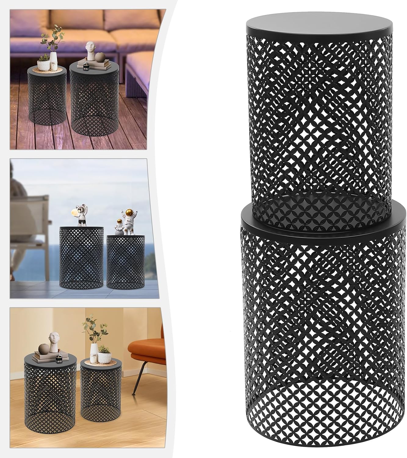 2PCS Outdoor Side Table, Heavy Duty Metal Frame Side Table Decorative Garden Stool Modern End Table Round Coffee Table for Patio Gardens Balconies Cafes (Black)