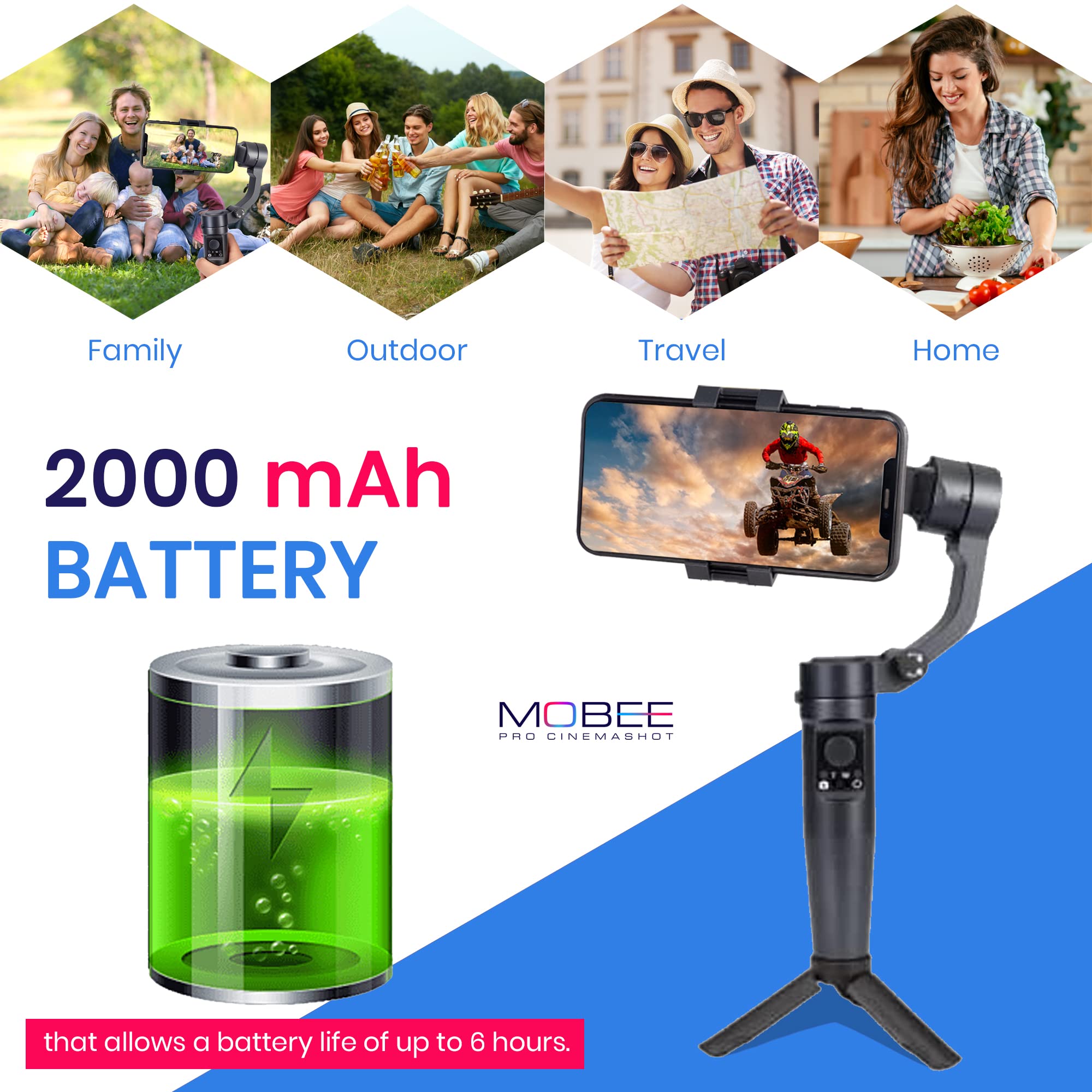 Mobee Pro Cinemashot - Gimbal movil Estabilizador para Smartphone Soporte de teléfono antivibración Gimbal Estabilizador para Móvil de 3 Ejes Trípode estabilizador diseño Plegable y portátil