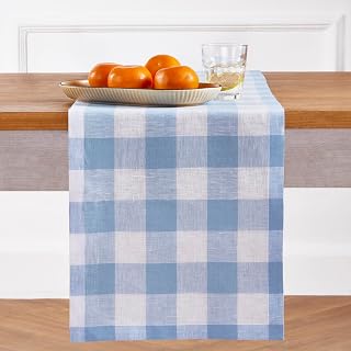 Solino Home 100% Pure Linen Table Runner, 14 x 90 in, Blue and White Check