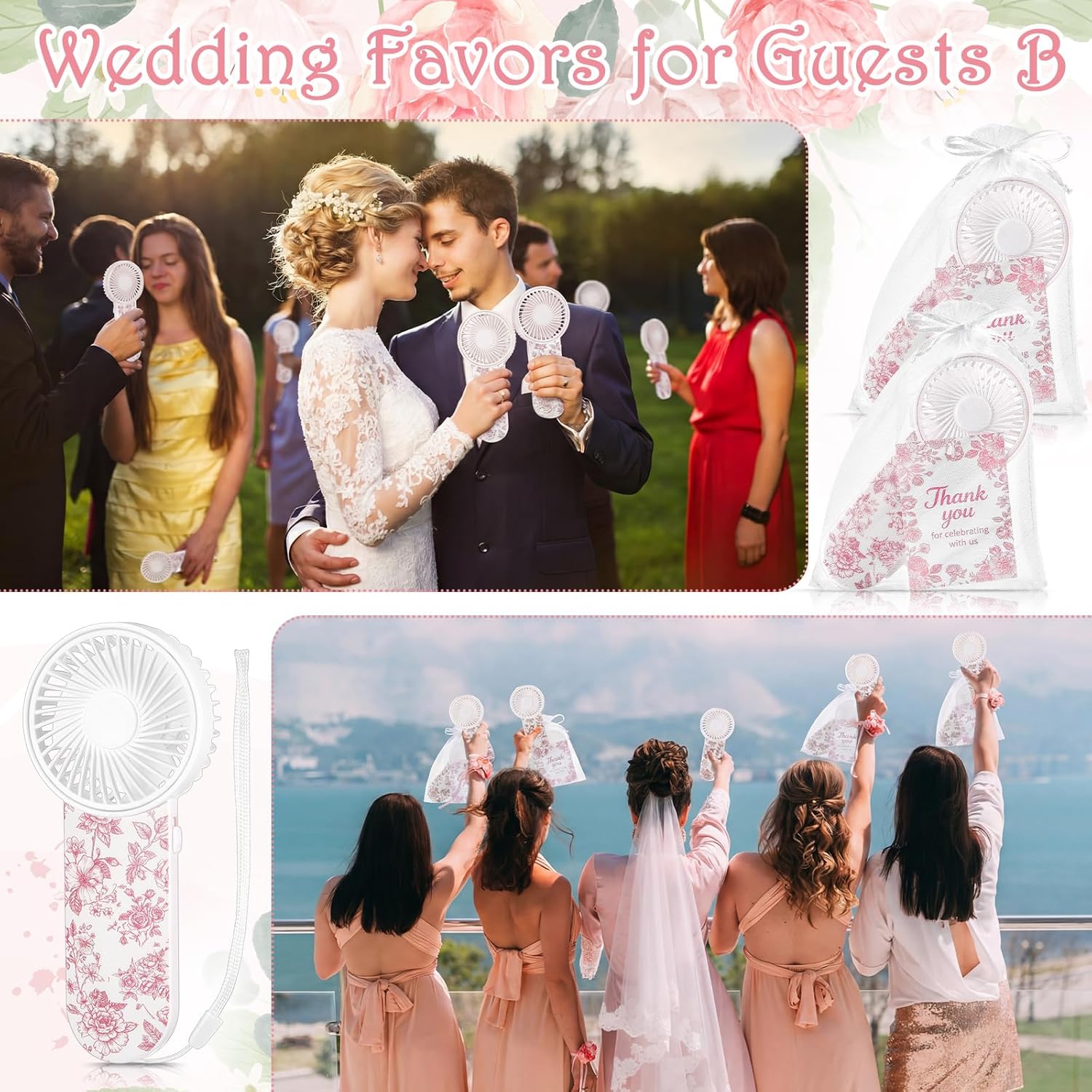 60 Set Portable Wedding Fans Bulk for Guests Mini Handheld Chinoiserie Floral Fan with Lanyard and Thank You Gifts Cards Battery Powered Fans Gift for Wedding Favors, Battery Not Include(Pink)