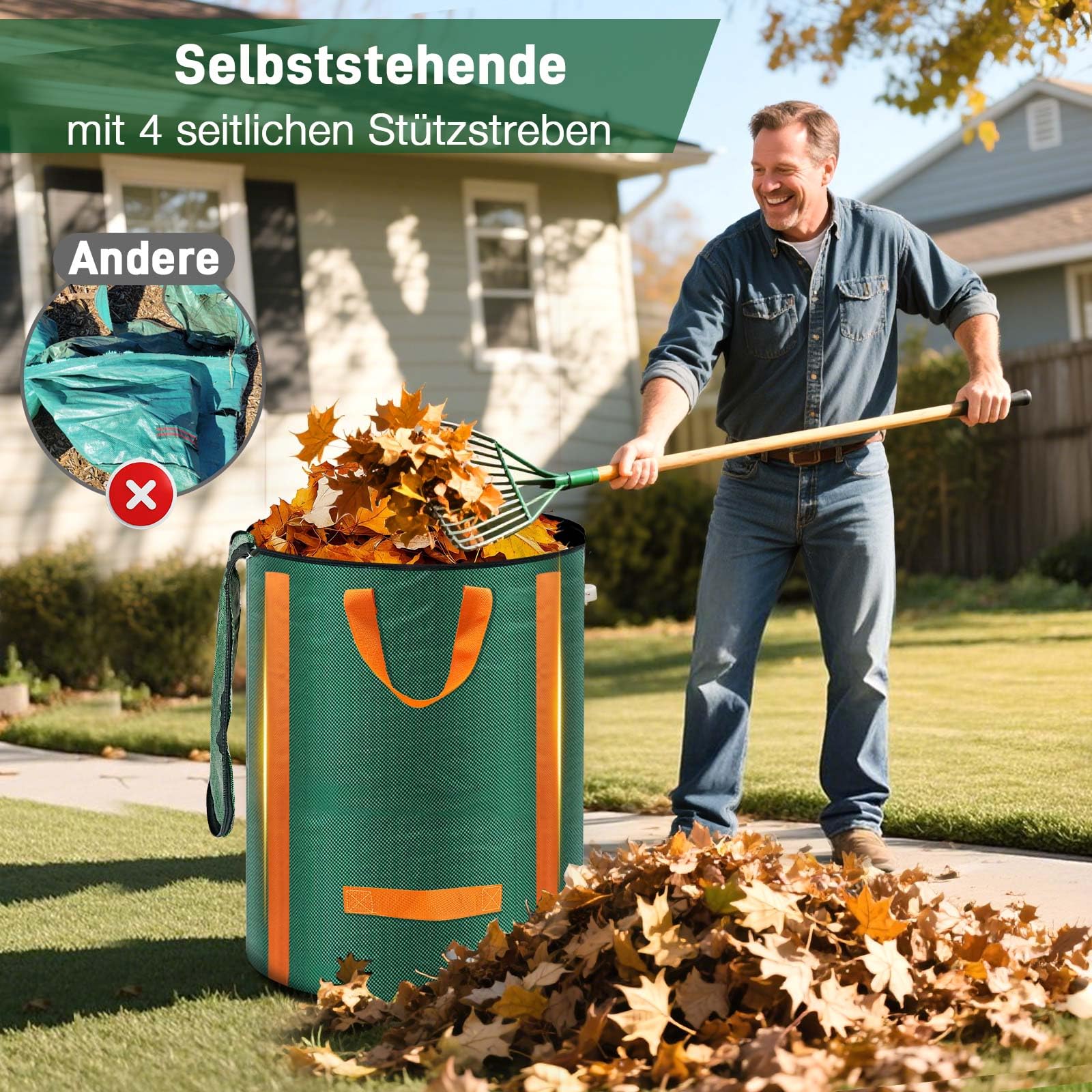 3x Gartenabfallsack stabil 120L - Selbststehend Gartensack Laubsack mit Deckel, Wiederverwendbar Grünschnittsack Laubsammler Korrosionsbeständig für Gartenabfälle und Grünschnitt
