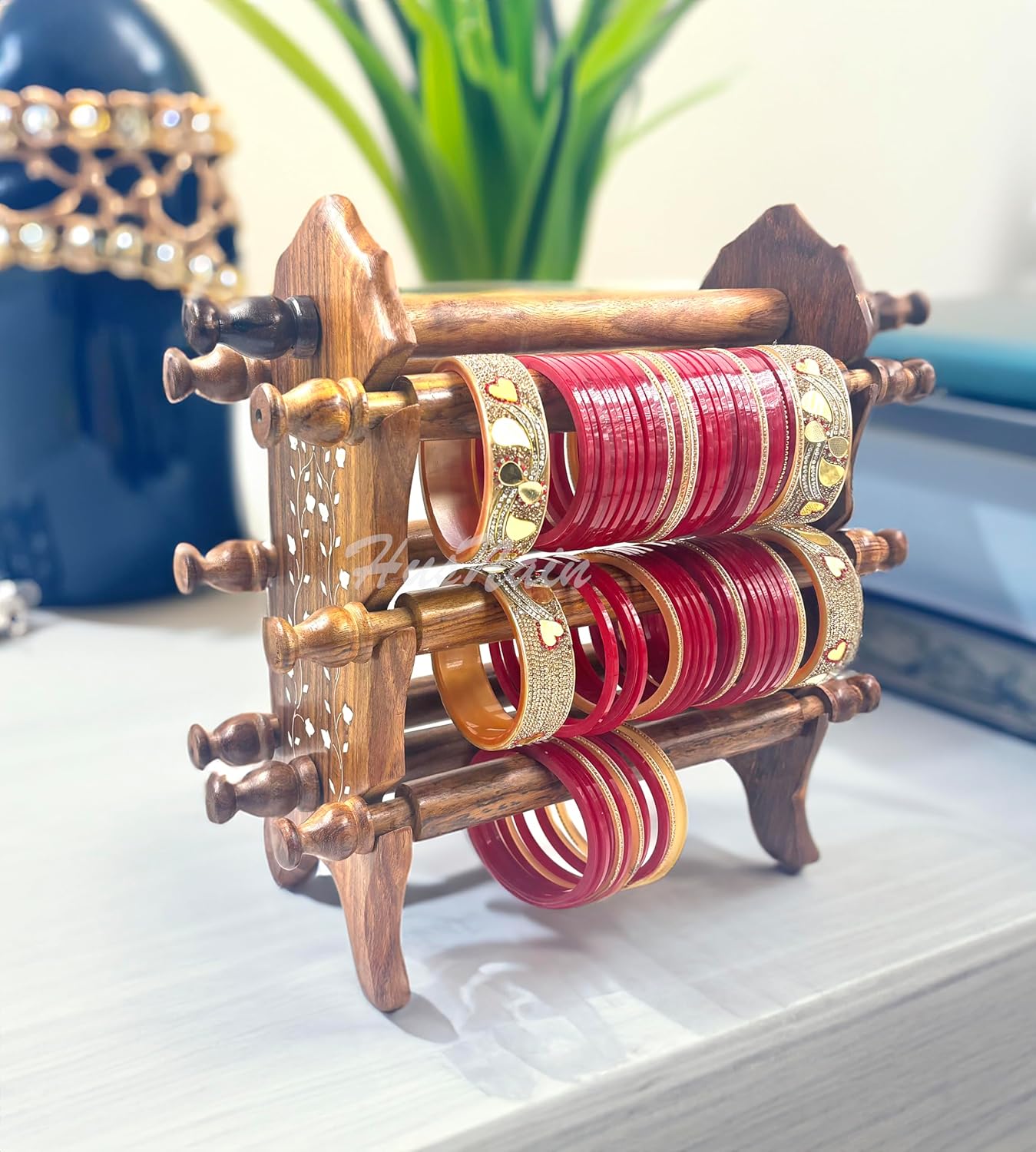 HusNain Wooden Sheesham Bangle Stand | Bangle organizer | Folding Chuddi Stand | Gift item for women | Bangle wardrobe Bangle Jewelry Holder Stand Display Organizer, Bracelet Holder for Jewelry