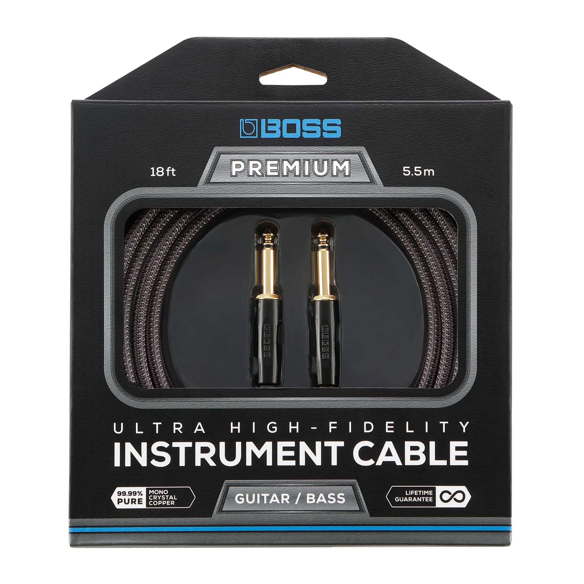 Cavo per Strumenti ad Altissima-Fedeltà BOSS BIC-P18 – 18ft / 5.5m – Spine Dritte da 1/4" con Connettori Placcati in Oro 24K – Per un suono superiore dalla vostra chitarra o basso