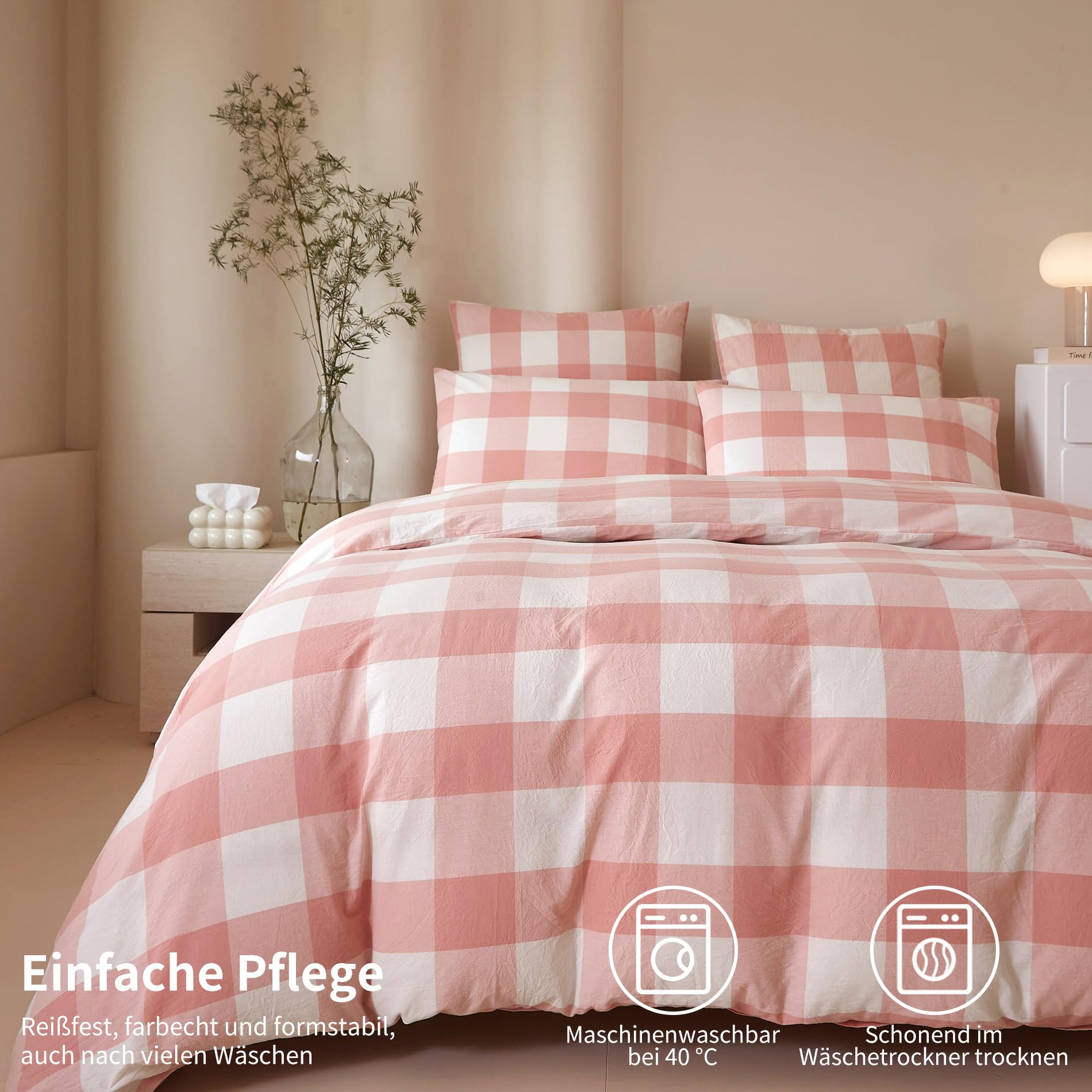 Juego de ropa de cama de 135 x 200 cm, 4 piezas, color rosa y blanco a cuadros, 100 % algodón lavado, suave, transpirable, acogedora, funda nórdica con cremallera y 2 fundas de almohada de 80