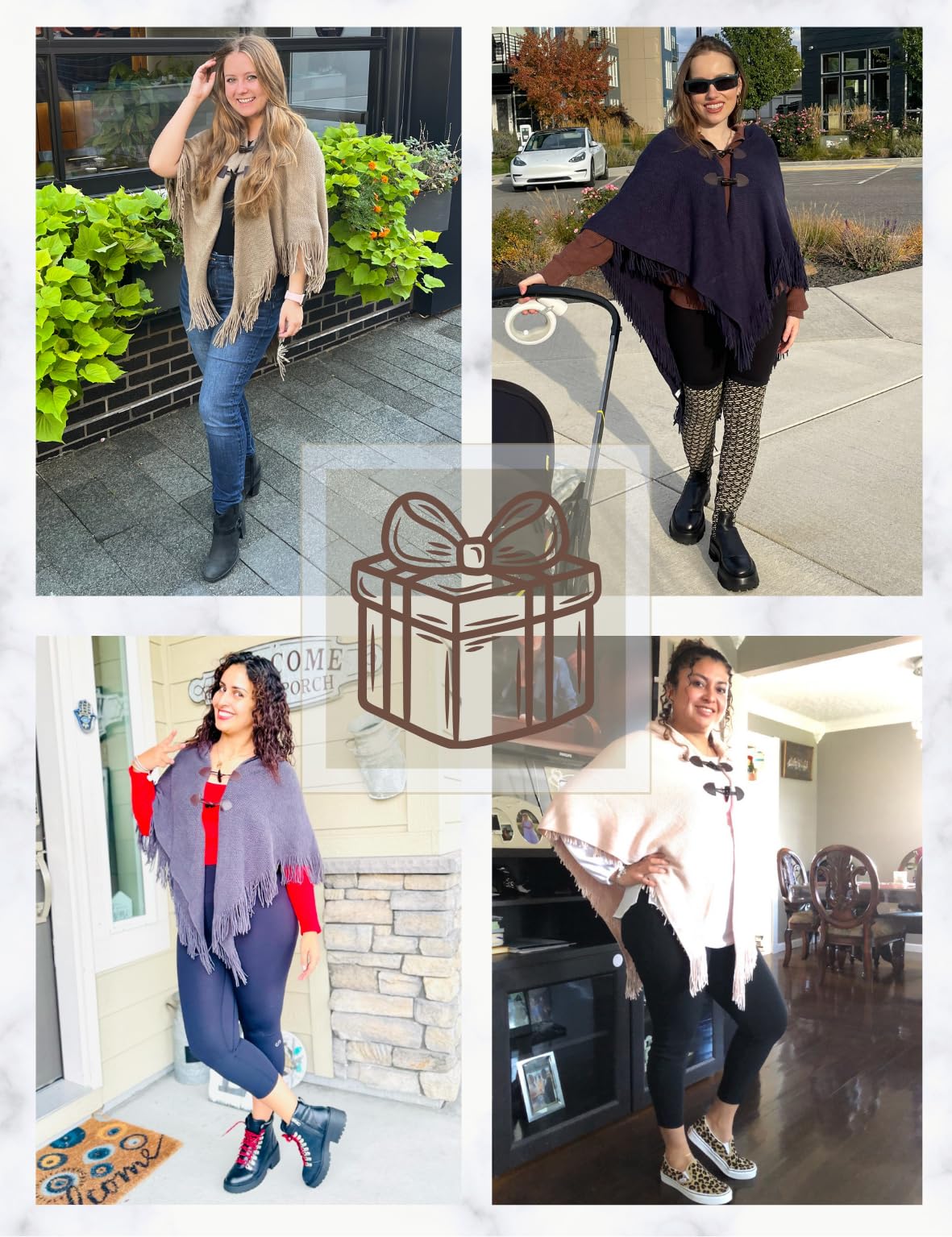 Ferand Poncho de Frente Abierto para Mujer, Chal Holgado con Flecos para Otoño Invierno