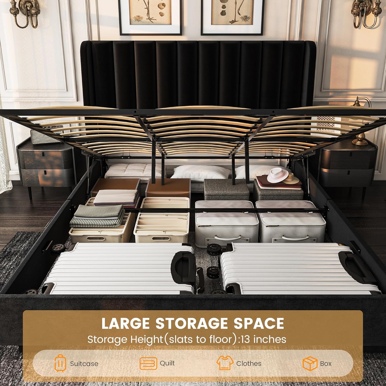 king size storage bed velvet wingback tufted design underbed storage