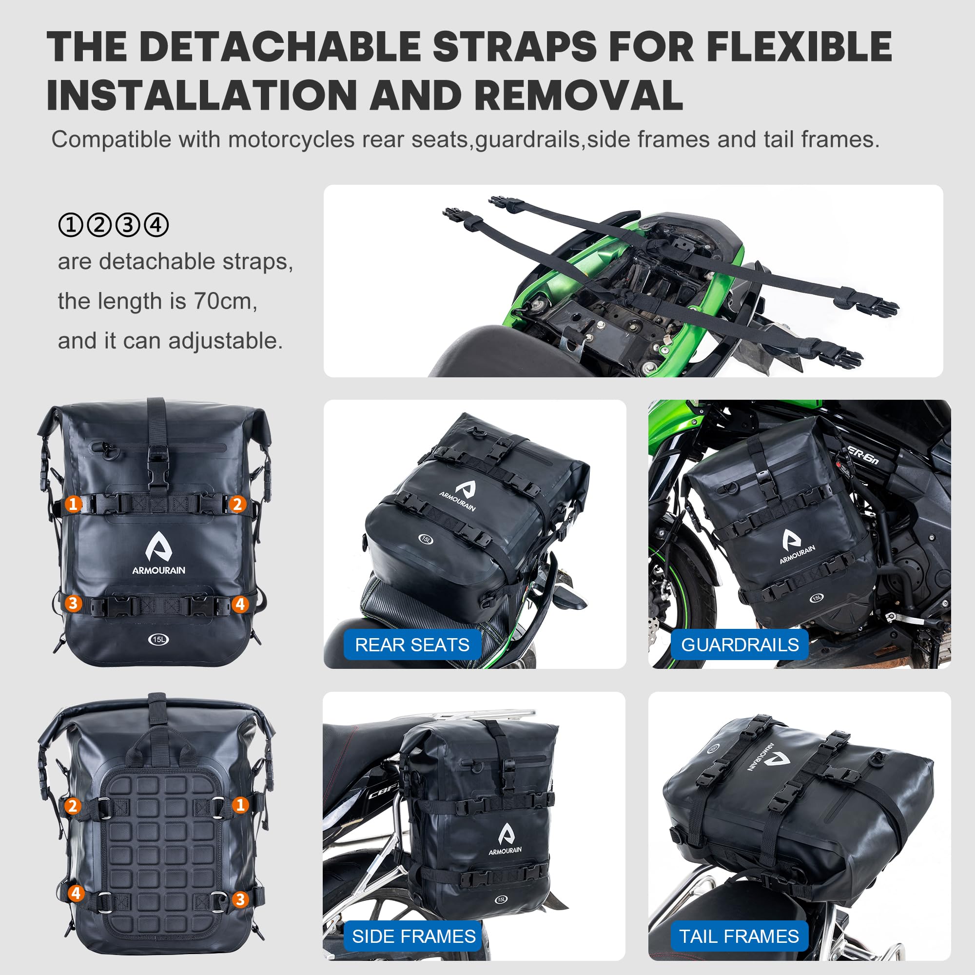 Sac Pare Choc Moto Etanche 15 L Sacoche Latérale avec Bandoulière Motos Côté Cadre Sac équitation Outils Accessoires (PVC Noir, 15L)