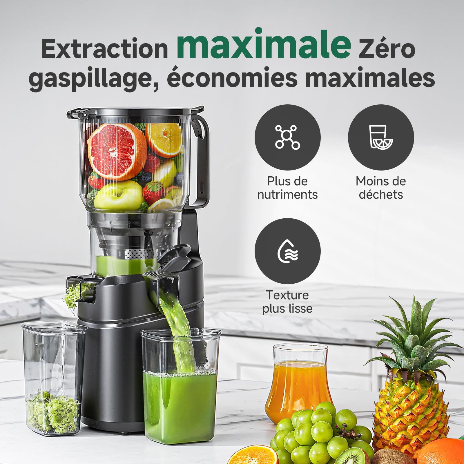 AMZCHEF Extracteur de jus automatique 250W, ouverture 150 mm, capacité 2L, noir