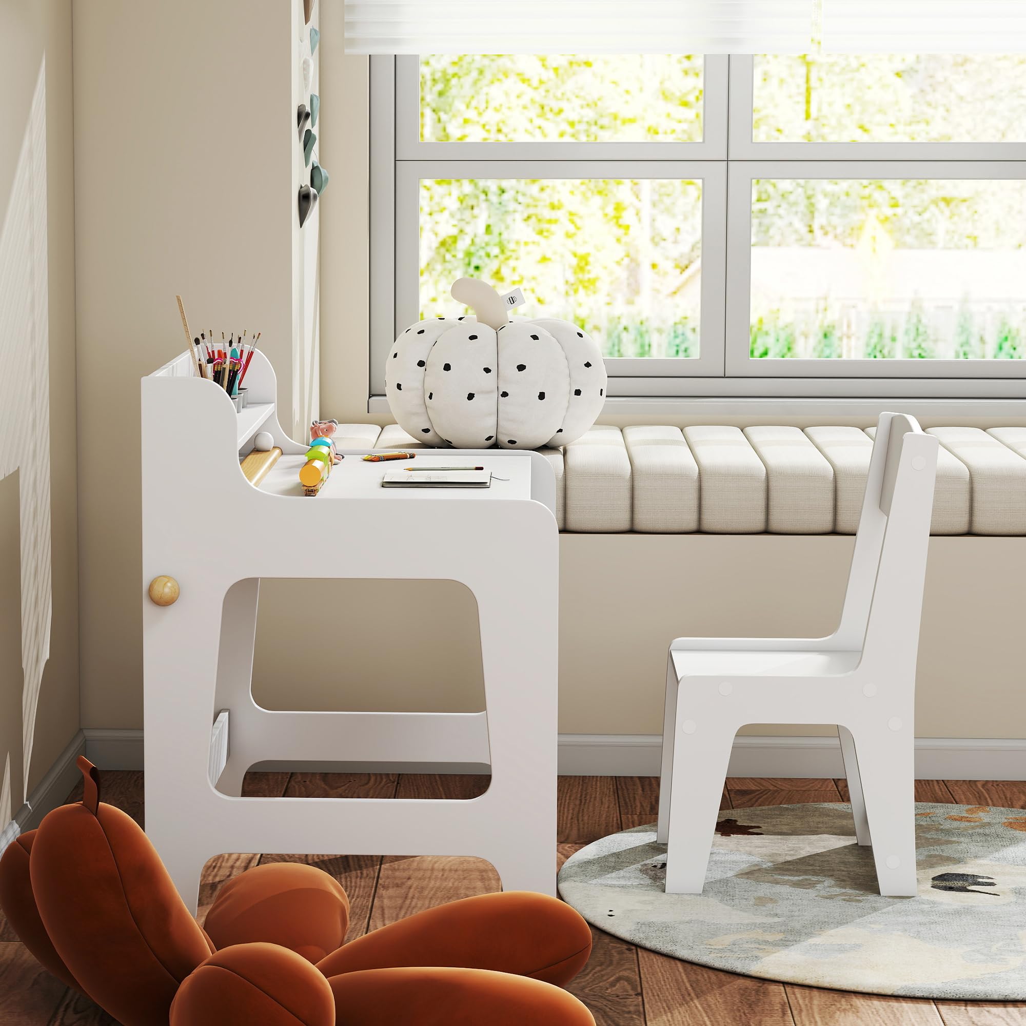 AIYAPLAY Bureau Enfant avec Chaise, Table avec 2 tiroirs en Tissu, étagère et Porte-gobelet, Blanc, pour 3-8 Ans