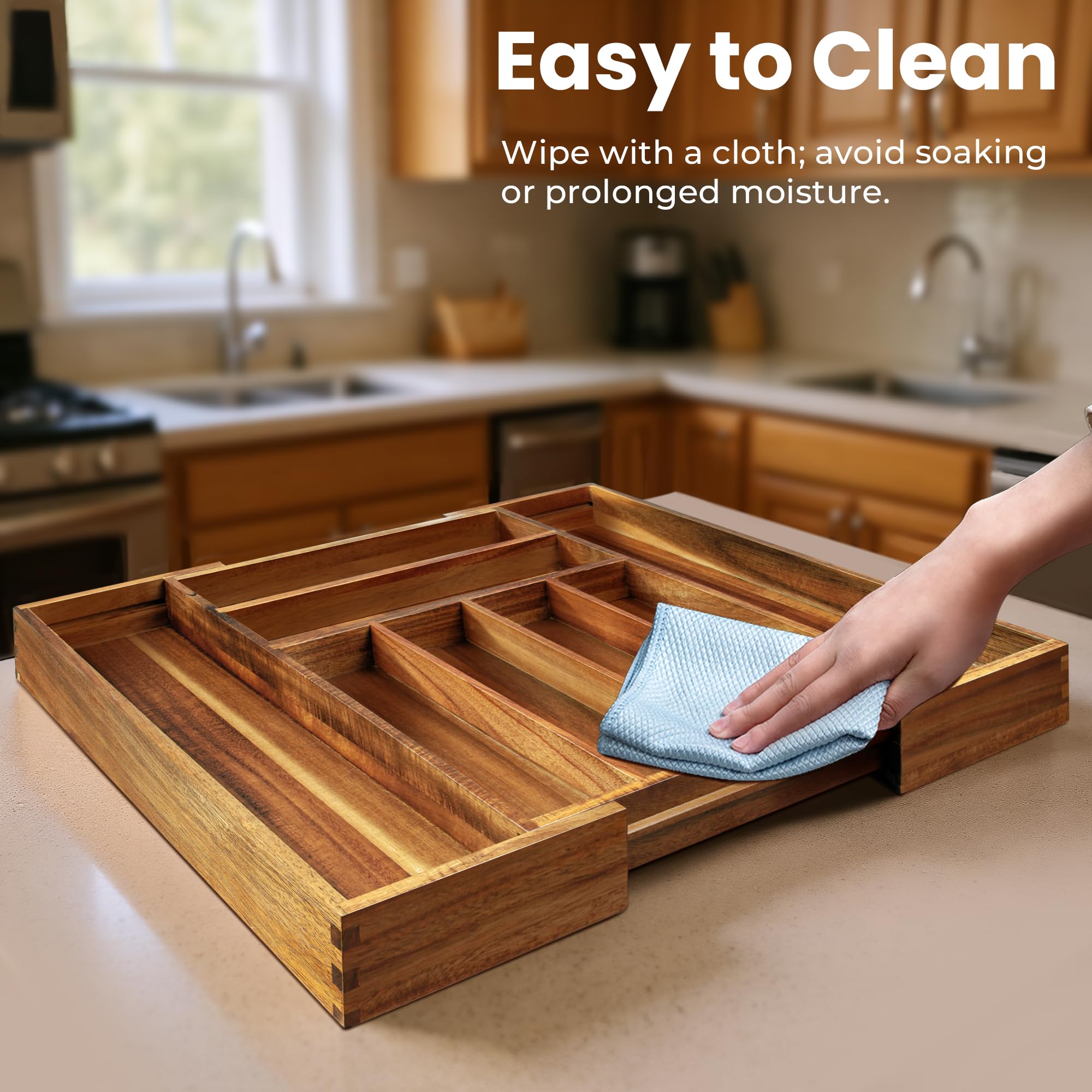 KITEISCAT Organizador de cubiertos expandible de madera de acacia, organizador de cajones de utensilios de cocina para tenedores y cucharas, bandeja de cubiertos de 8 compartimentos, soporte para