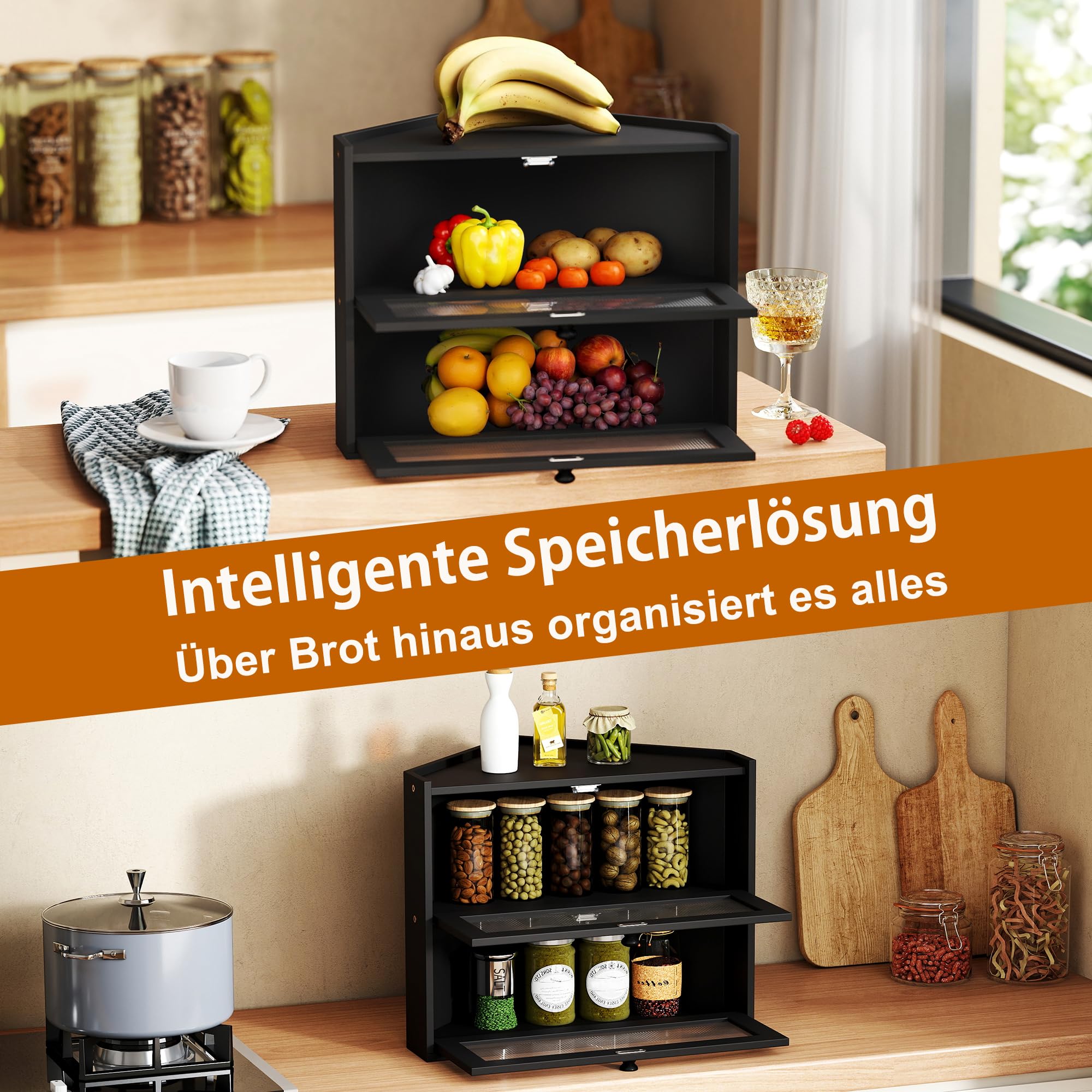 Schwarzer Eckbrotkasten 42 x 30 x 35 cm Groß Brotkasten Holz | 2 Stöckiger, Natürlicher Bambus, Klares Fenster, Frisch Halten, Tür mit Magnetverschluss, für Brot, Obst Küchen Storage