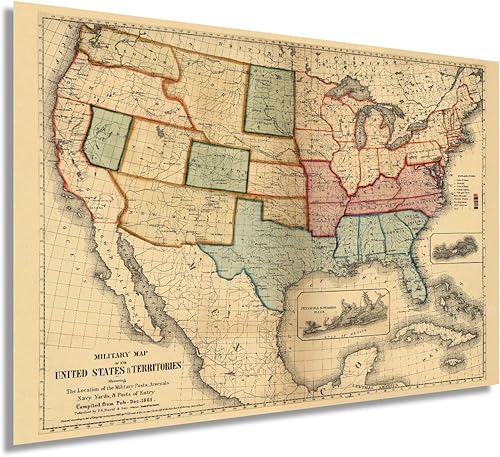 HISTORIX Vintage 1861 American Civil War Map - Mapa vintage de los Estados Unidos de 24 x 32 pulgadas que muestra la ubicación de puestos militares,