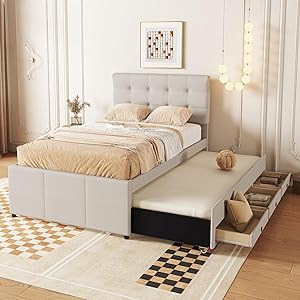 Kebnor Cama tapizada, 90 x 200 cm (90 x 190 cm), cama familiar, cama con tres cajones, cama enrollable extensible, cabecero ajustable, (sin colchón) (beige)