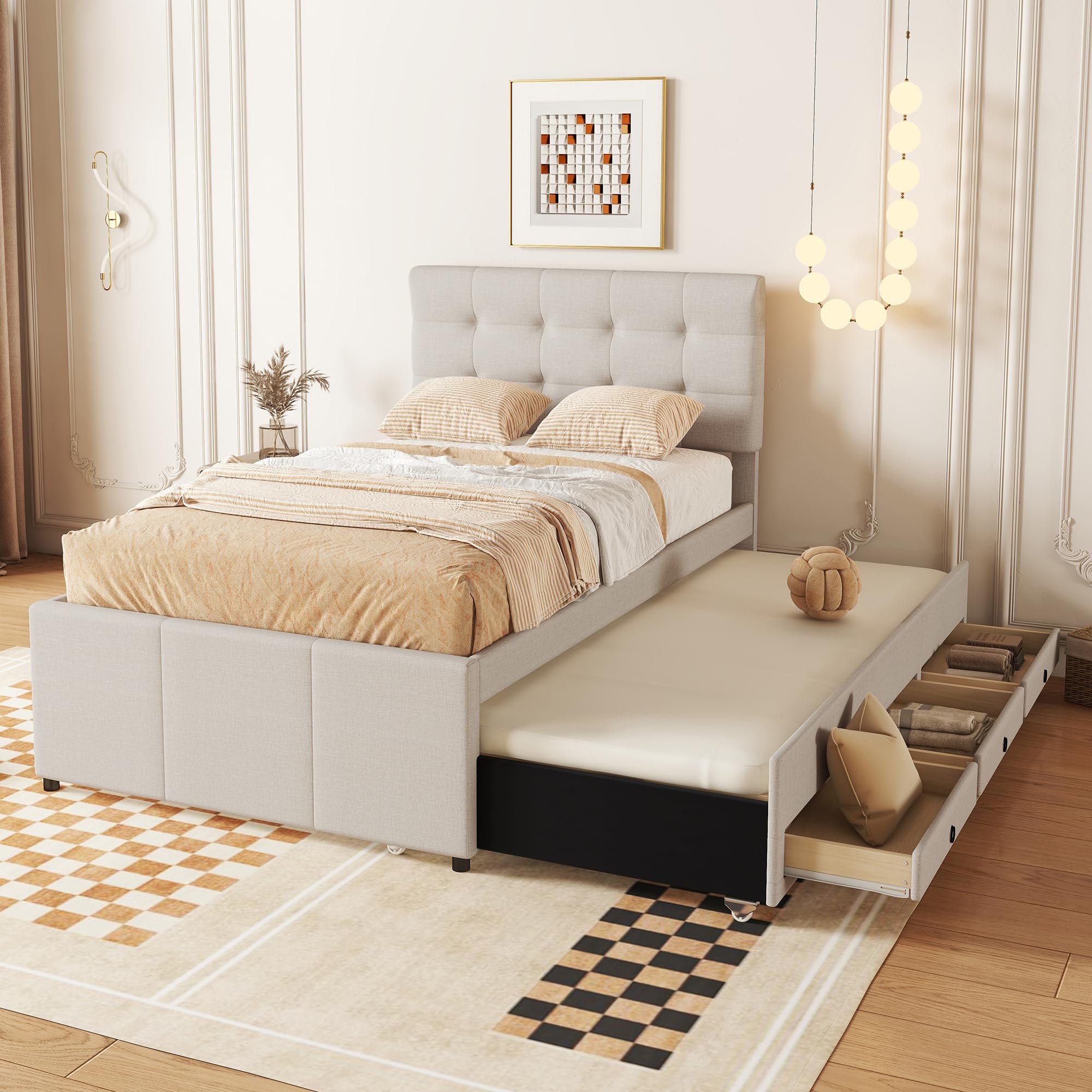 Cama doble tapizada con 3 cajones, cama nido y cabecero ajustable, color gris, 90 x 200 cm (90 x 190 cm), color beige