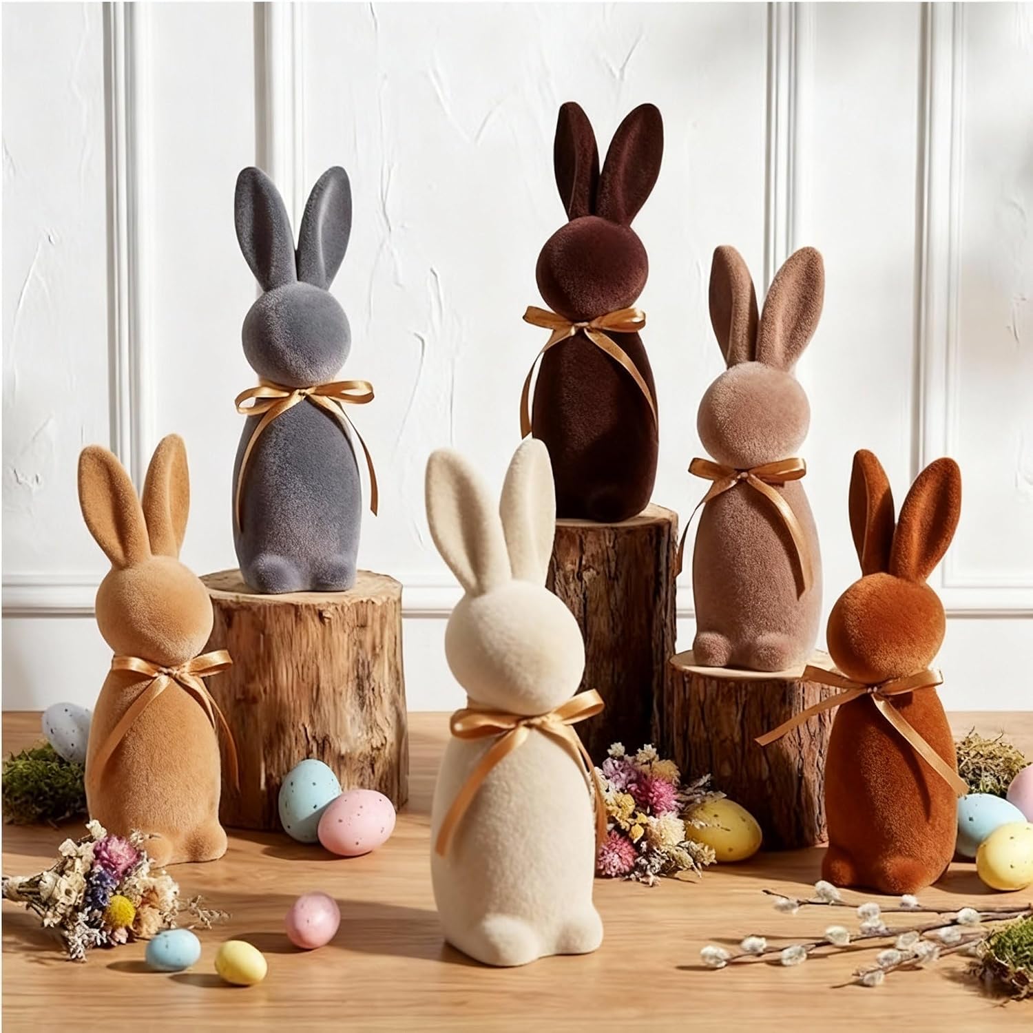 6 Pcs Easter Bunny Decorations Flocked Bunnies Figurine with Bow Tie Flocking Rabbit Tabletop Ornament for Easter Spring Signs Centerpieces for Farmhouse Home Decor (A Series of Brown,8.66")