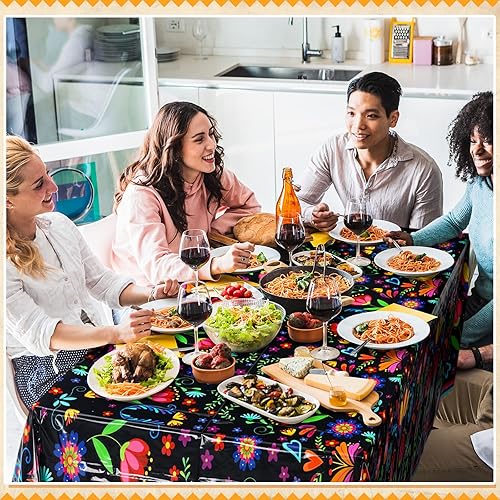 Miniatura 6 de Domensi 2 manteles mexicanos de 54 x 108 pulgadas, rectangular, de plástico, desechables, con diseño de mandala y flores, para decoración