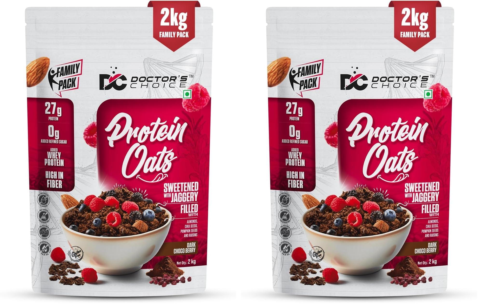 Doctors Choice High Protein Oats 2Kg | 27g Protein Oatmeal | Dark Choco Berry Flavor | No Added Sugar | Gluten Free | High Fiber Healthy Breakfast Oats (Pack of 2)-picture-32