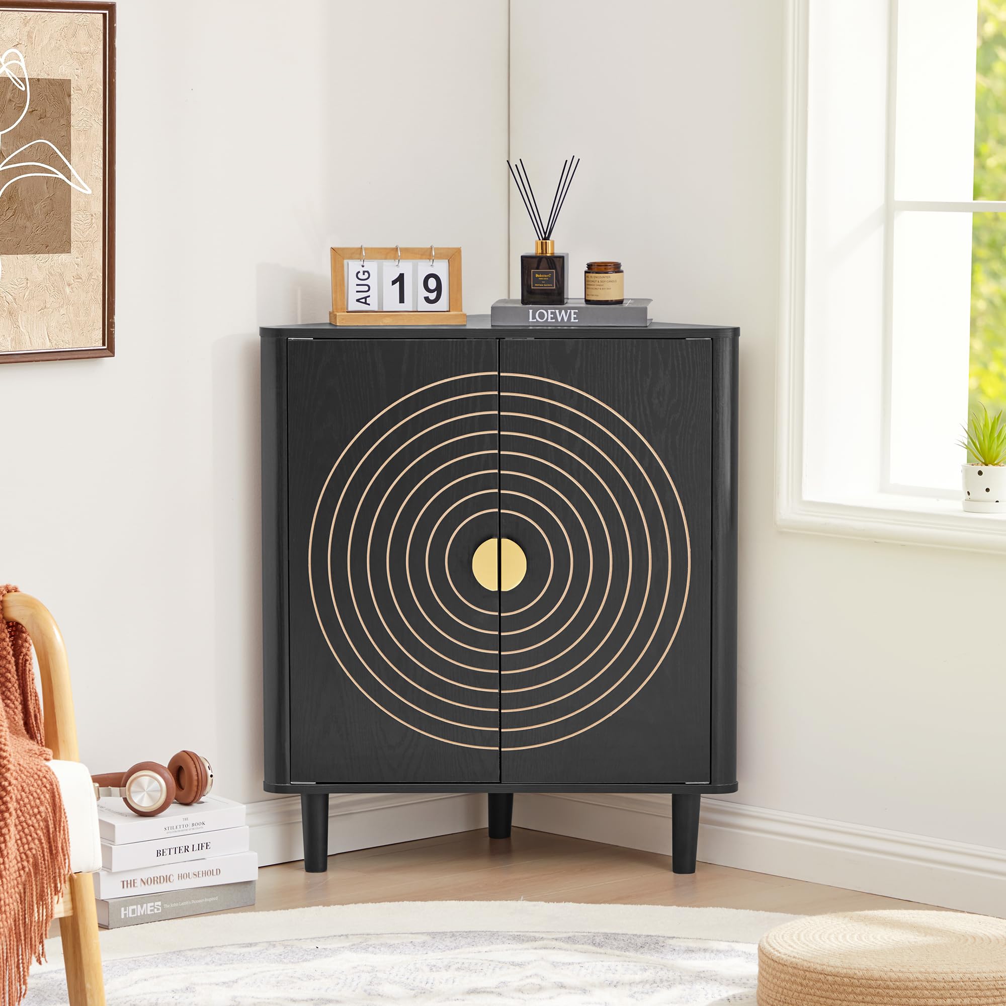 YZRSTY Small Corner Storage Cabinet, Modern Freestanding Floor Cabinet with Magnetic Door Lock and Adjustable Shelves, Small Space Corner Table for