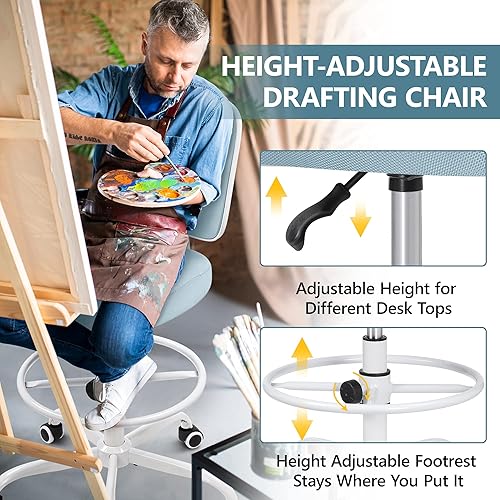 Miniatura 4 de Primy Tall Drafting Desk Chair - Armless, Adjustable Height, Mesh Back, Rolling, Standing Desk Chair for Art Room, Office or Home (Light Blue)