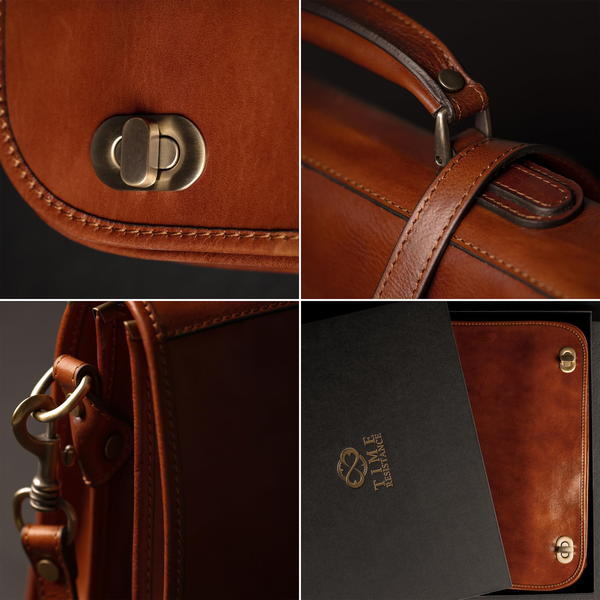Time Resistance Porte-Documents en Cuir Italien Pleine Fleur pour Hommes Sac à Bandoulière Détachable Fabriqué à la Main pour Ordinateur Portable 15 Pouces