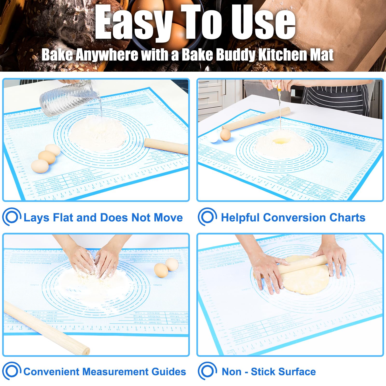 Tapis de pâtisserie extra large en silicone anti-adhésif avec mesure pour la cuisson, tapis de fondant, tapis de pétrissage, tapis à rouler pour pâte à tarte (bleu, 86,4 x 66 cm)