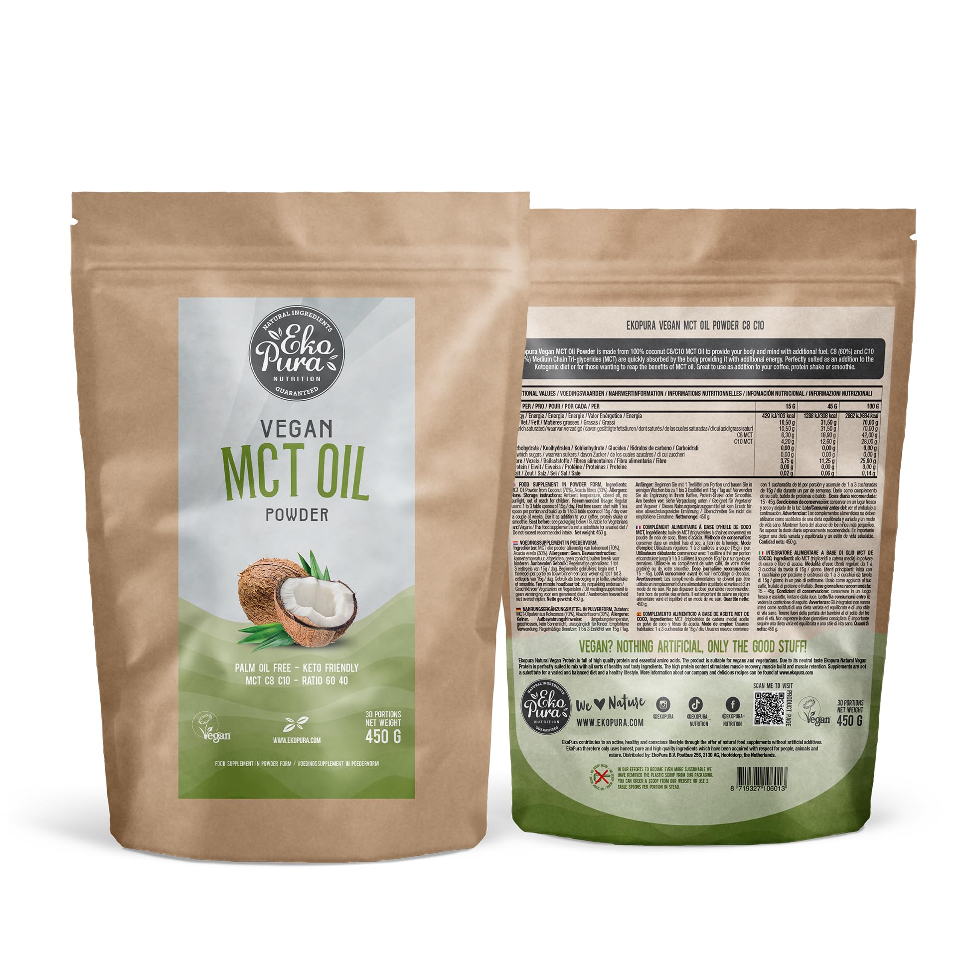 Ekopura Vegan MCT Oil Powder - 450g | C8/C10 MCT Ratio Of (60/40) | Low - View #3