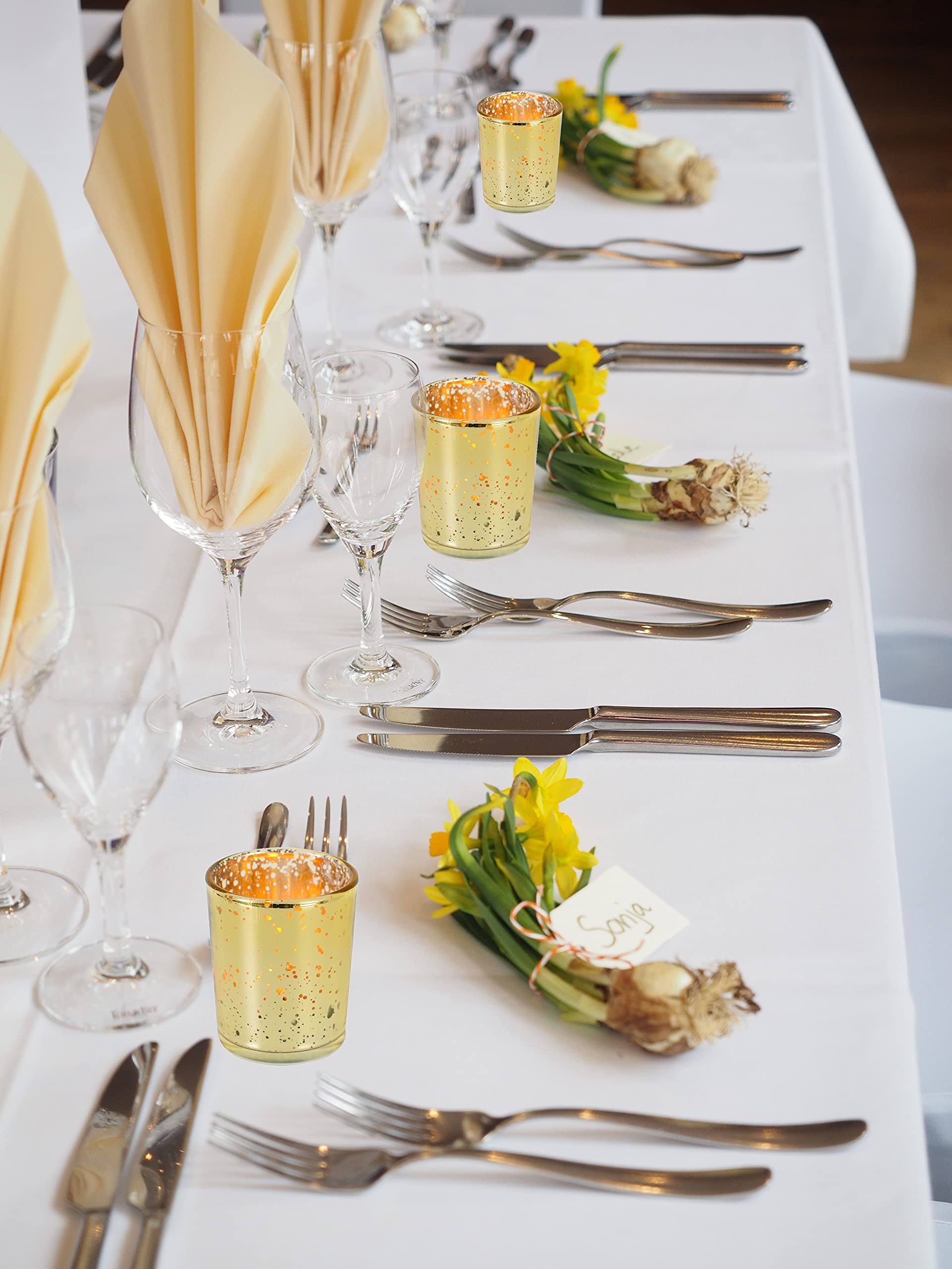 Set di 48 bicchieri da tè in oro macchiato, portacandele in vetro, portacandele votive, ideali per matrimoni, feste, decorazioni per la casa
