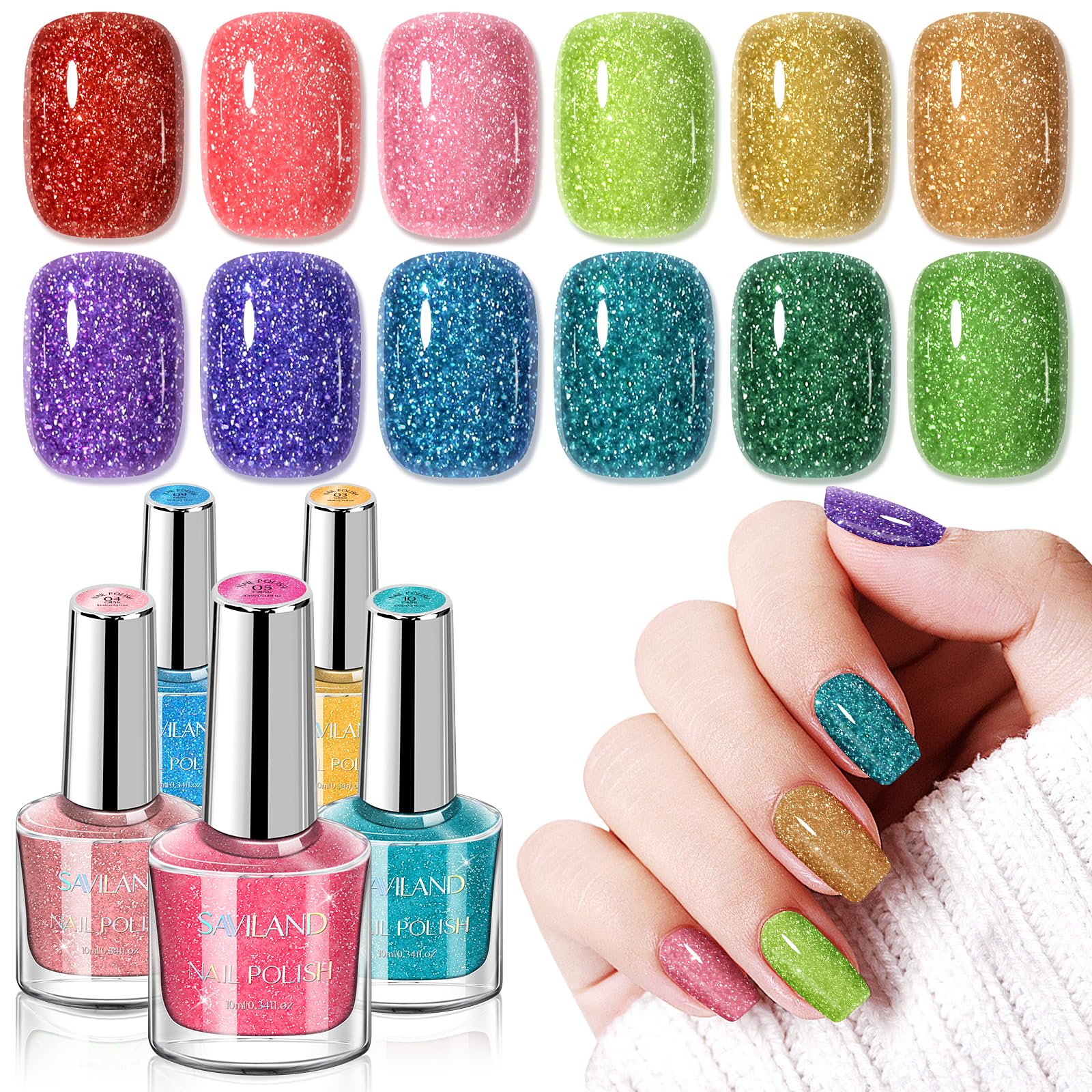 SAVILAND Glitter Nail Polish Set: Air Quick Dry Nail Polish Non Gel with Base-Top Polish Dual Unique Shimmer Holographic Nail Lacquer Gift for Beginner Fingernail Toenail Manicure Art 12 Color