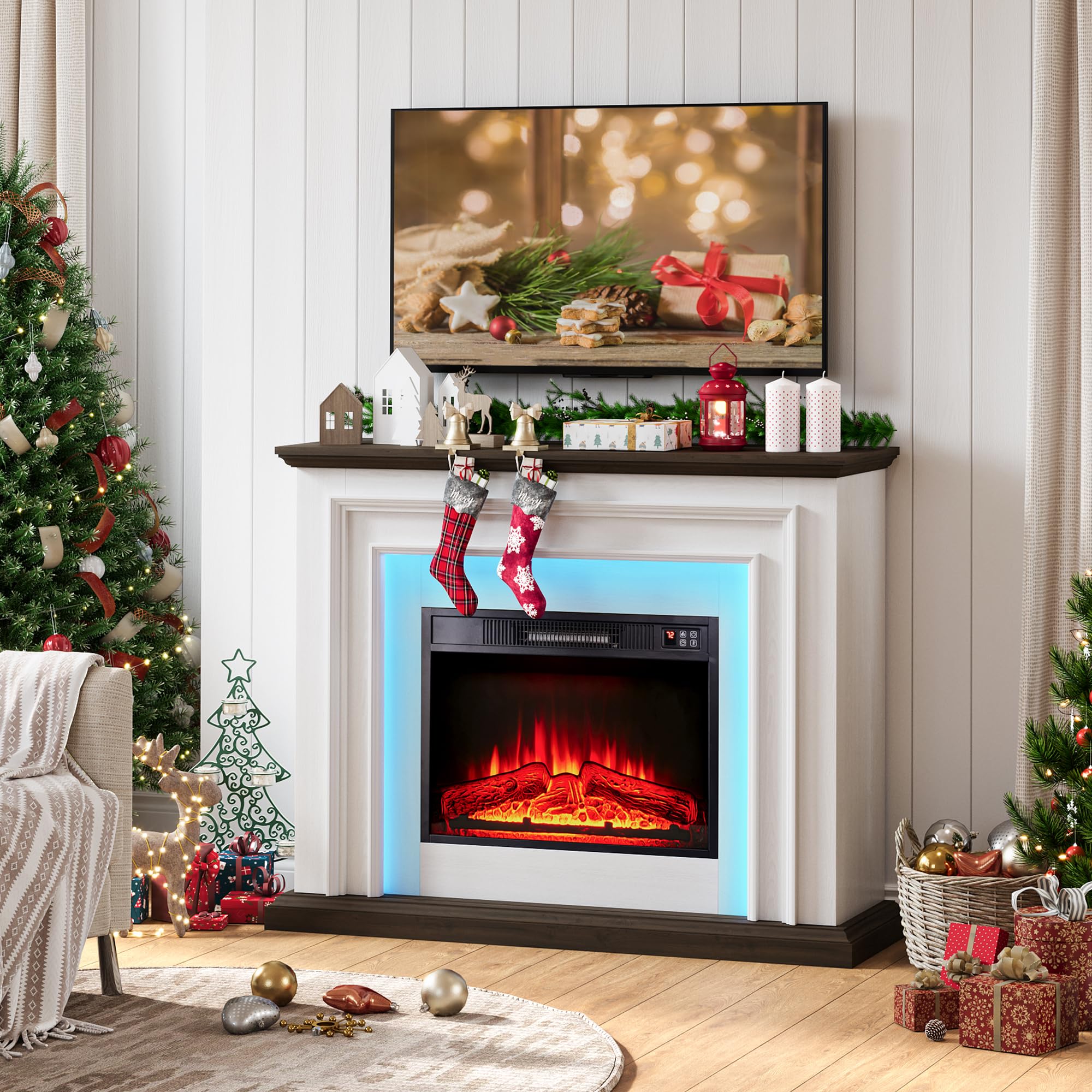 44 Inches LED Lights Electric Fireplace with Mantel, Tall Fire Place Heater Freestanding, Delicate Three-Dimensional molding with Remote Control Timer LED Flame for Living Room