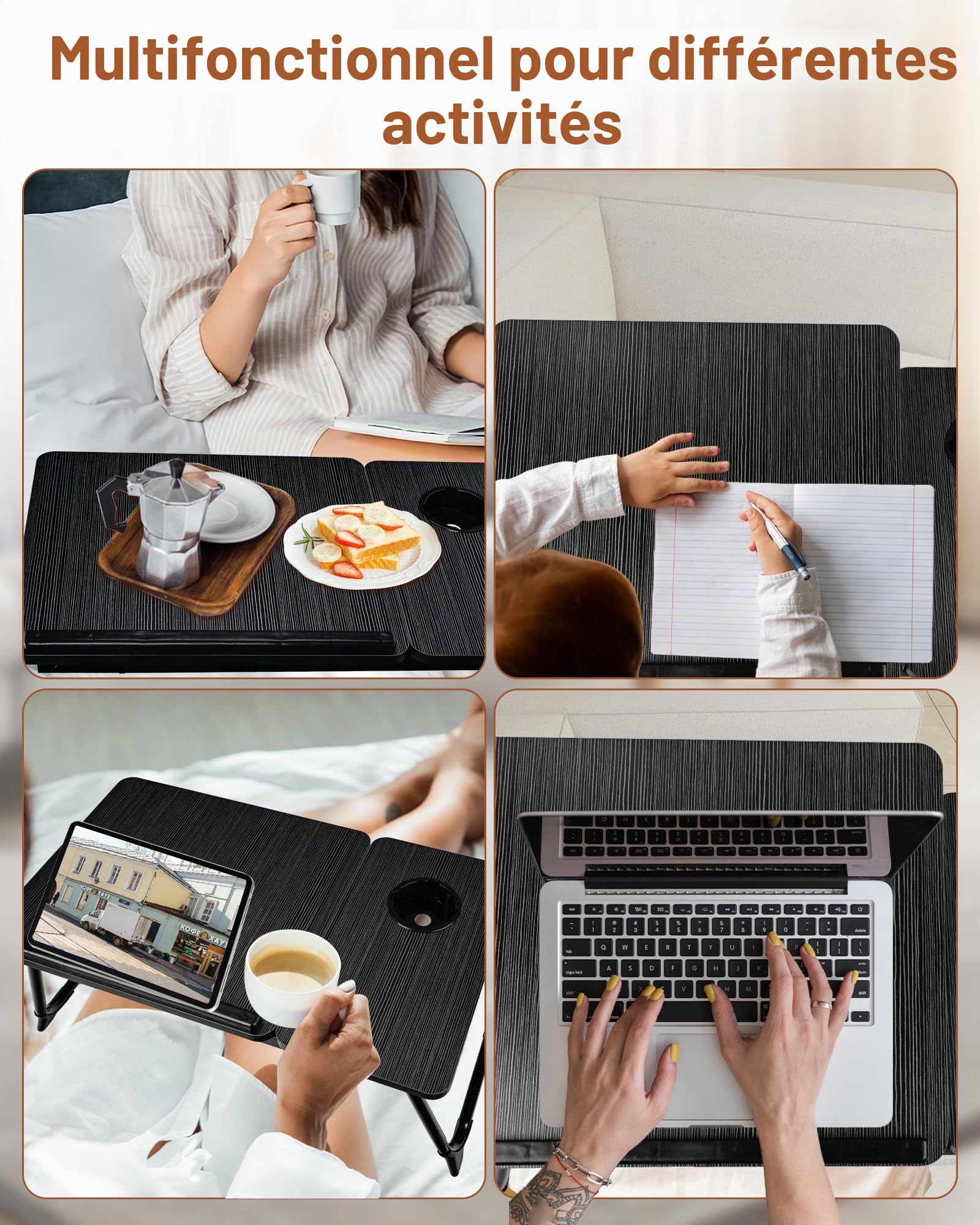 Plateau de Lit Pliable 55.5x32x25cm - Table de Lit avec Support Ordinateur Portable, Support Livre et Porte-Gobelet, 5 Positions Inclinaison jusqu'à 20kg (Noir)