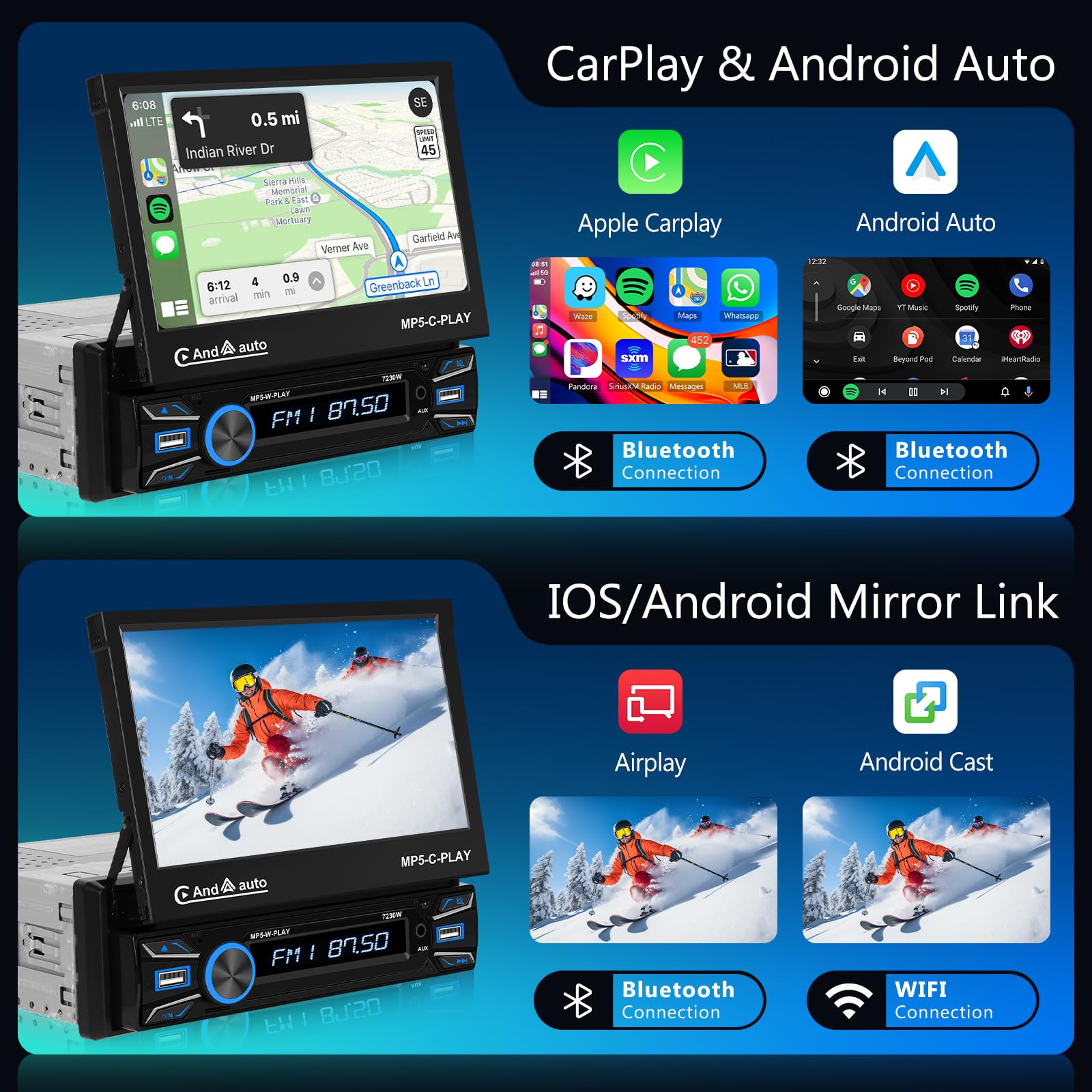 Single Din Automatic Flip Out Car Stereo Wireless Carplay Android Auto, 7 Inch Touch Screen Radio MP5 Player USB/TF/AUX in, FM Radio with Bluetooth Backup Camera Mirror Link